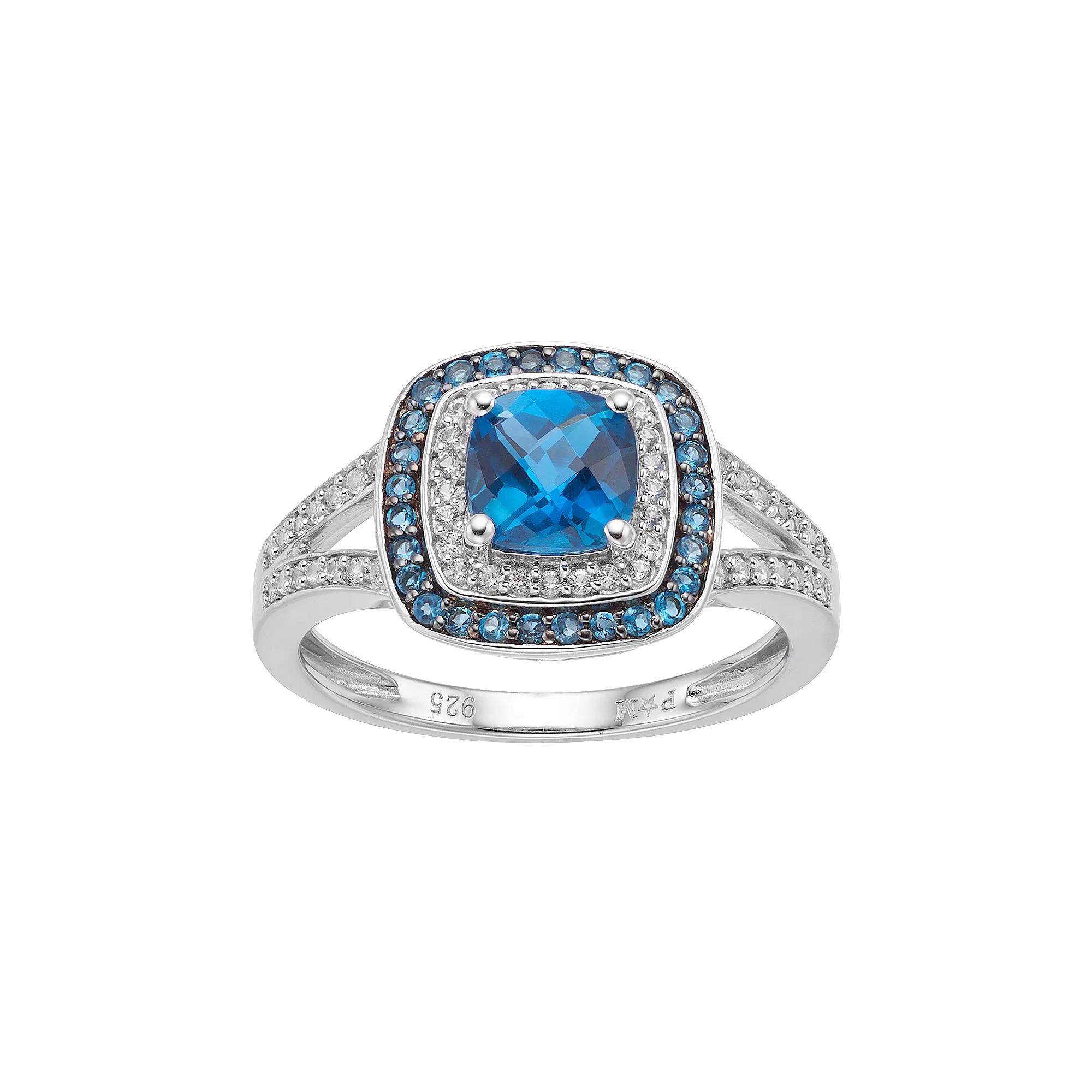 MASTERPIECE Sterling Silver Blue Topaz & Lab-Created White Sapphire Square Halo Ring, Women's,  Product Image