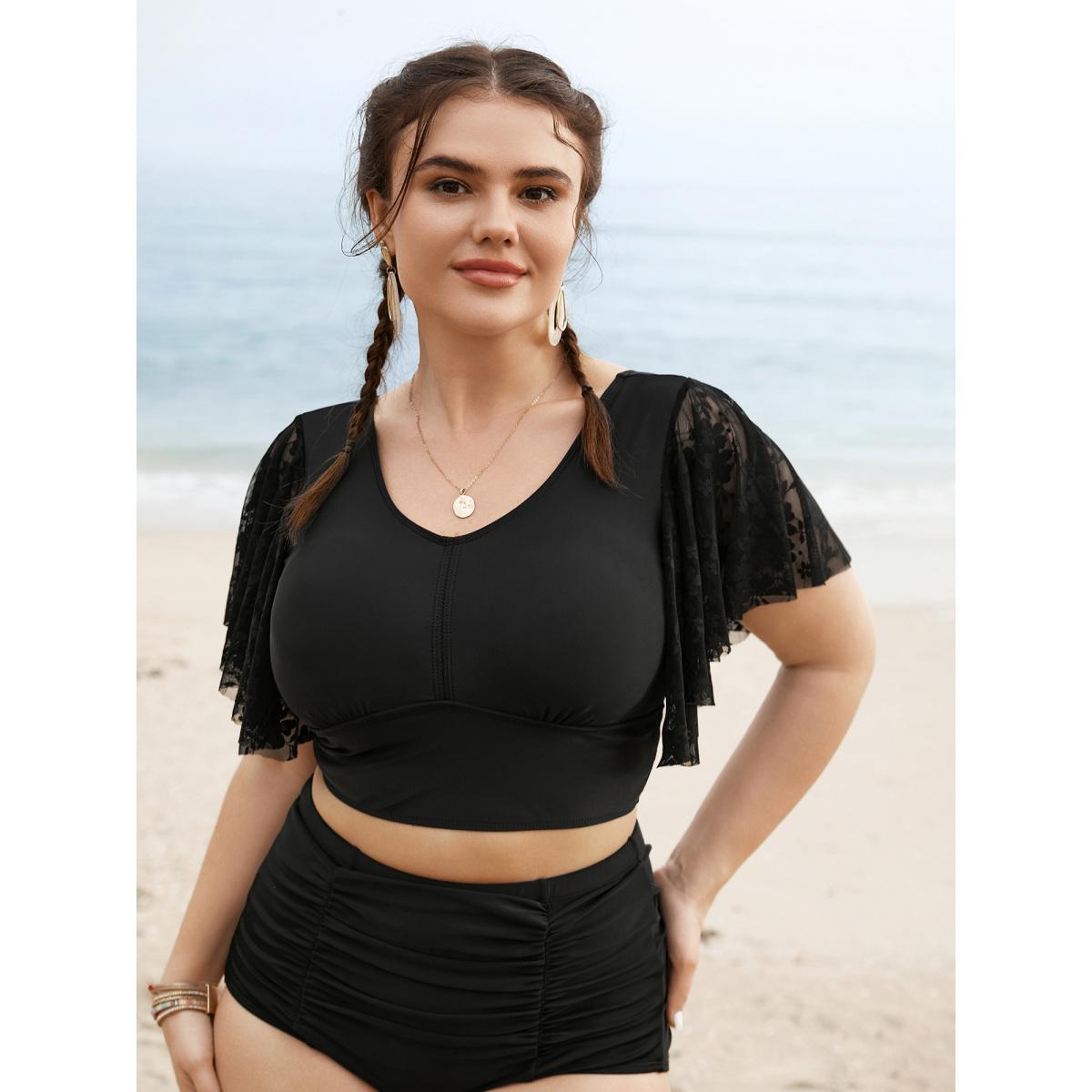 Plus Size U Neck Crochet Lace Mesh Swim Top Women's Swimwear Black Resort Texture High stretch Skinny U-neck Curve Swim Tops BloomChic 28/5X Product Image