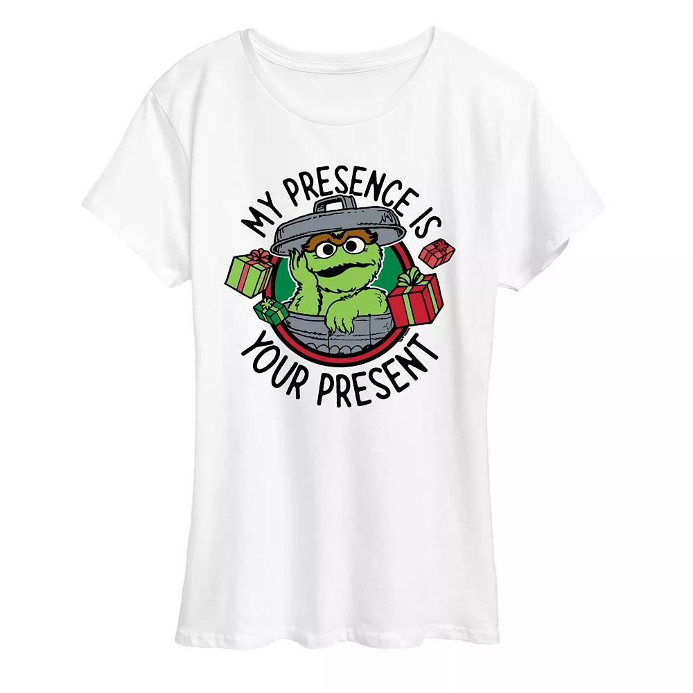 Women's Sesame Street Oscar My Presence Christmas Graphic Tee, Size: Large, White Product Image