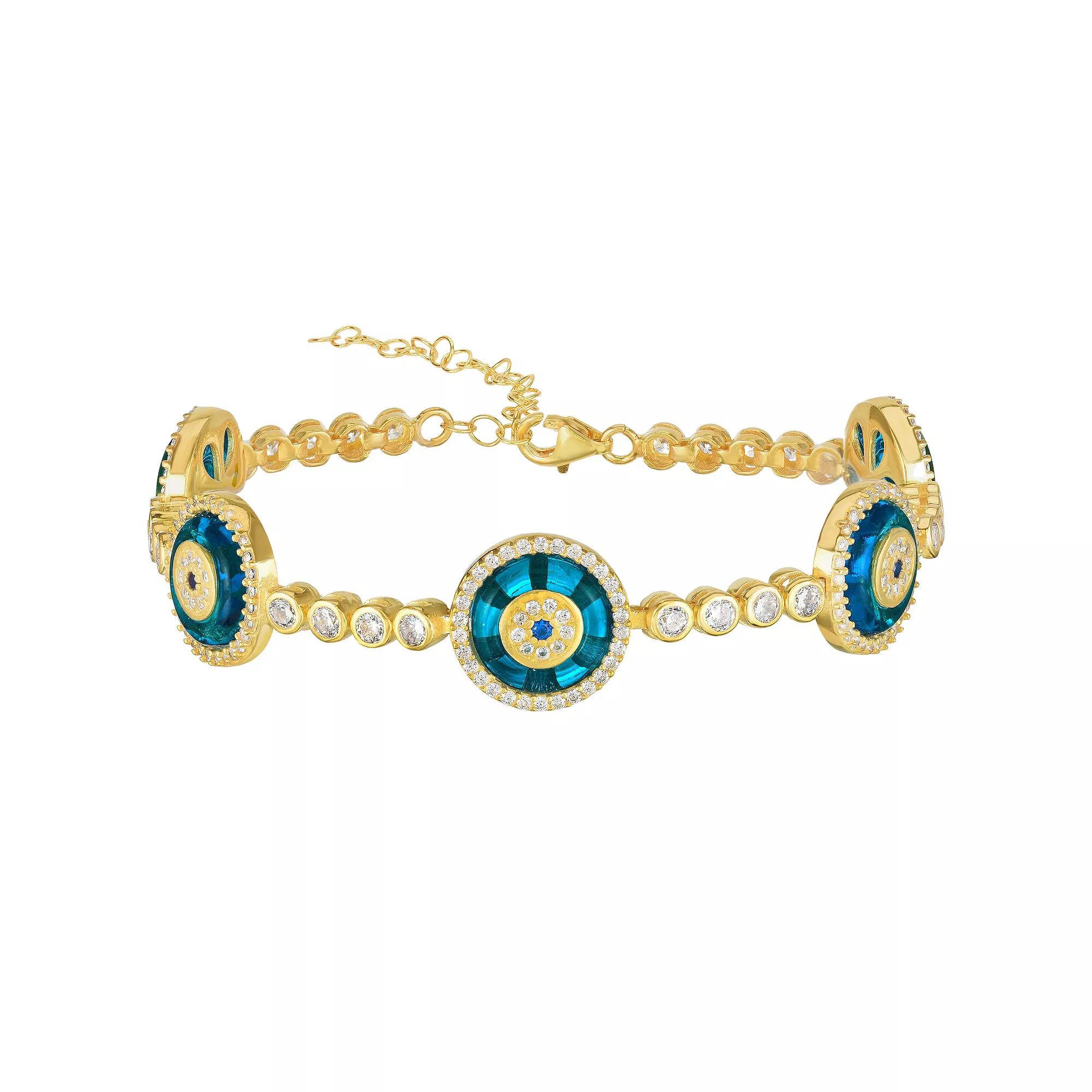 Sunkissed Sterling Sterling Silver Cubic Zirconia Evil Eye Link Bracelet, Womens Gold Tone Product Image