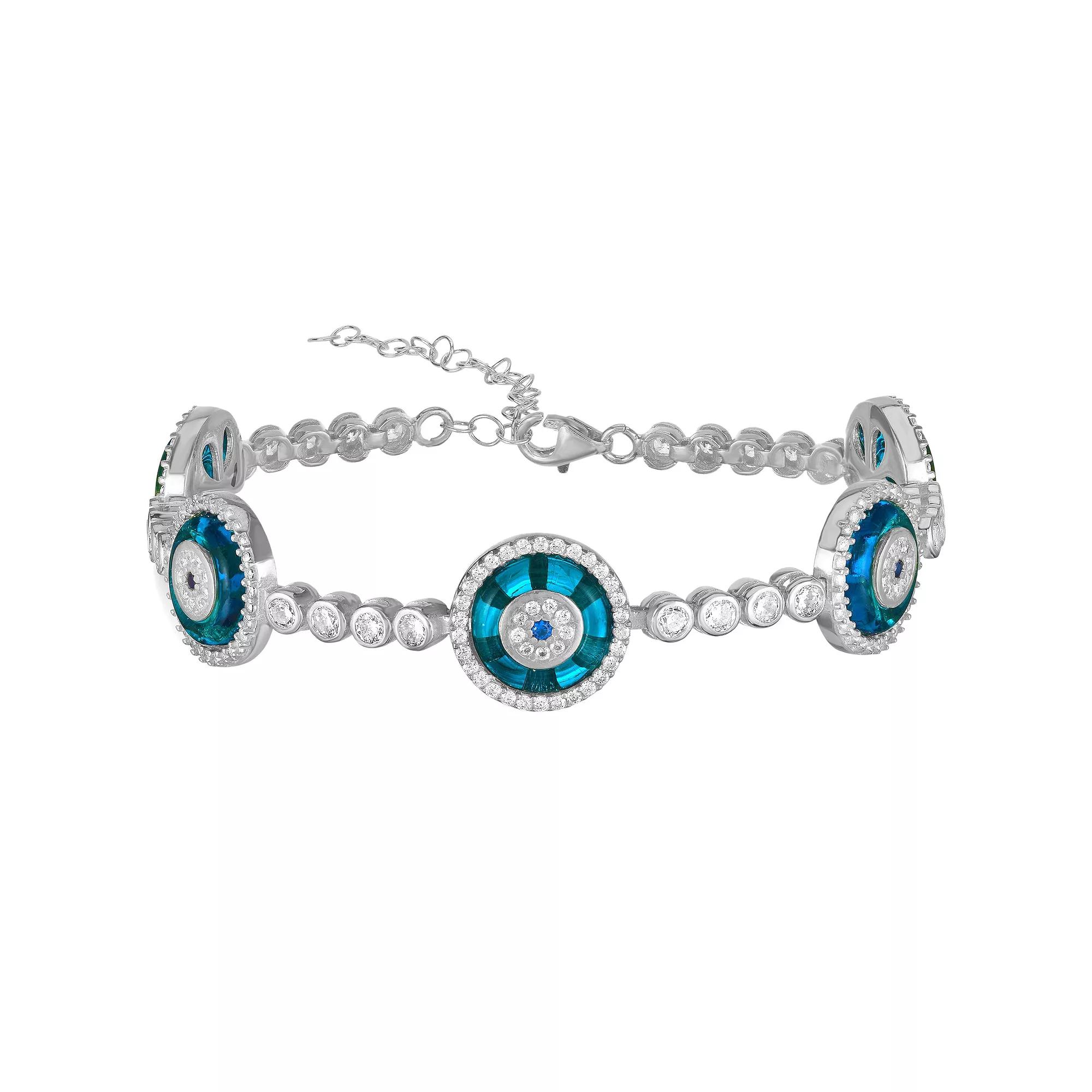 Sunkissed Sterling Sterling Silver Cubic Zirconia Evil Eye Link Bracelet, Womens Silver Tone Product Image