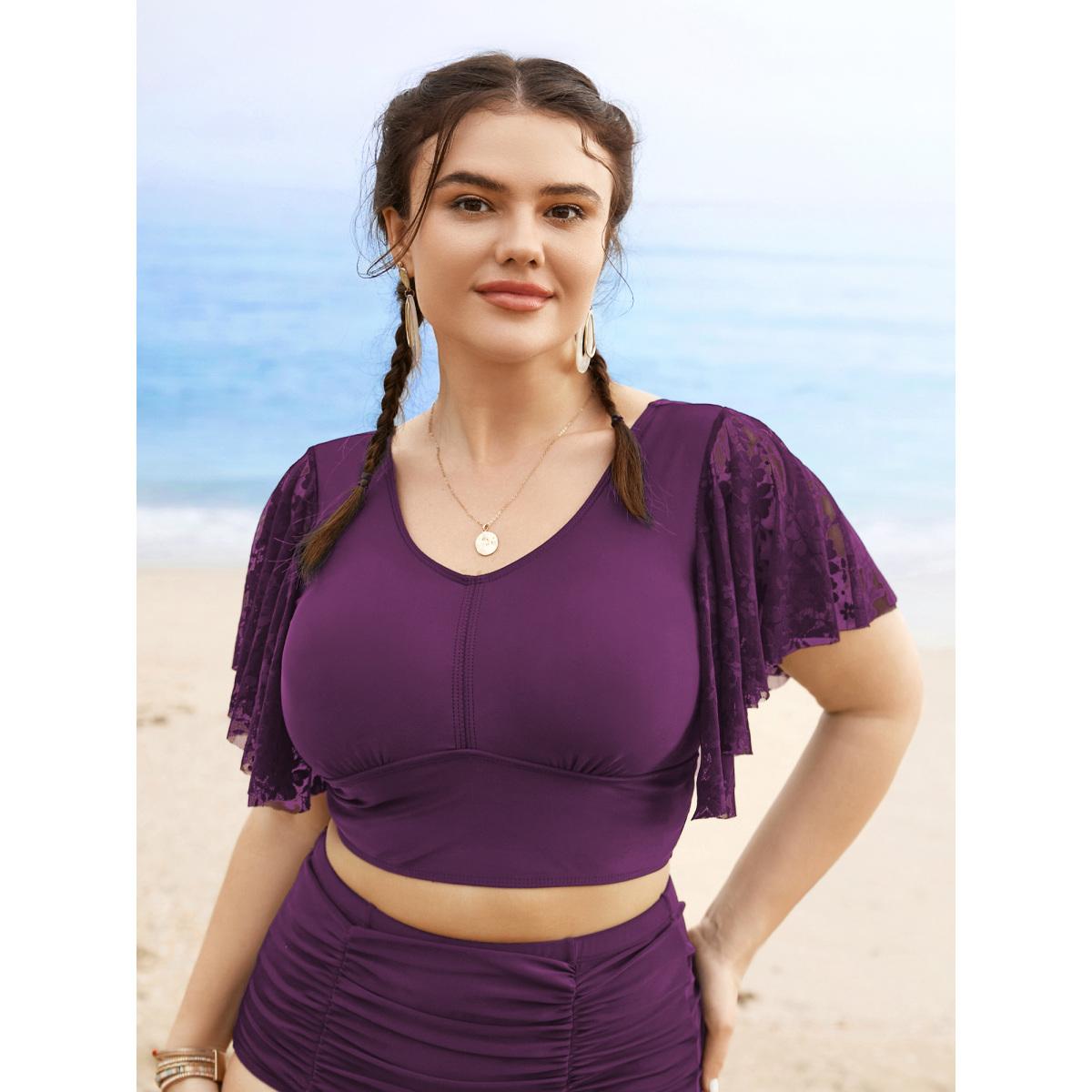 Plus Size U Neck Crochet Lace Mesh Swim Top Women's Swimwear Deeppurplered Resort Texture High stretch Skinny U-neck Curve Swim Tops BloomChic 10/M Product Image