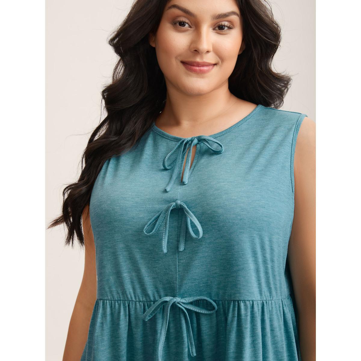 Plus Size Bow Tie Detail Neck Keyhole Tank Top Women Cerulean Tie knot Round Neck Everyday-Casual Tank Tops Camis BloomChic 22-24/3X Product Image