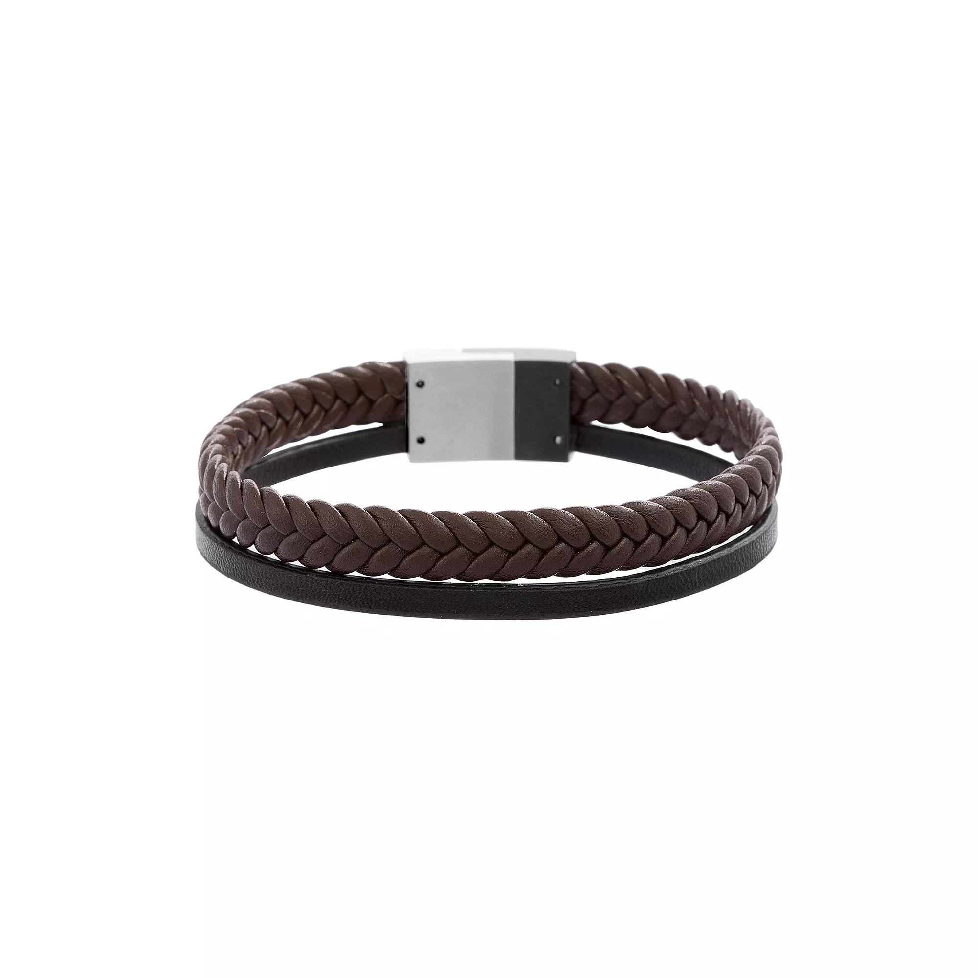 1913 Men's Black & Brown Double Strand Genuine Leather Bracelet, Size: 8.5", Stainless Product Image