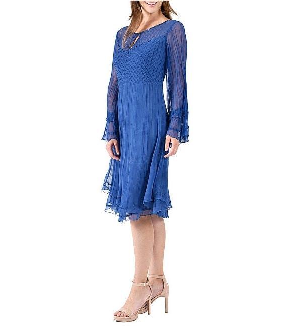 Komarov Pleated Chiffon Keyhole Neck Long Sleeve Fit and Flare Dress Product Image