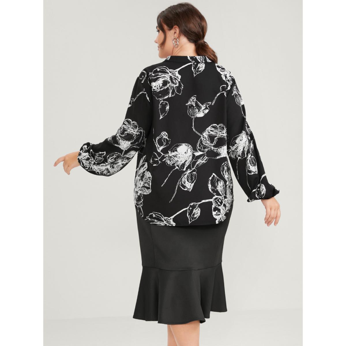 Plus Size Black Floral Printed Lantern Sleeve V Neck Blouse Women Office Long Sleeve V-neck Work Blouses BloomChic 22-24/3X Product Image