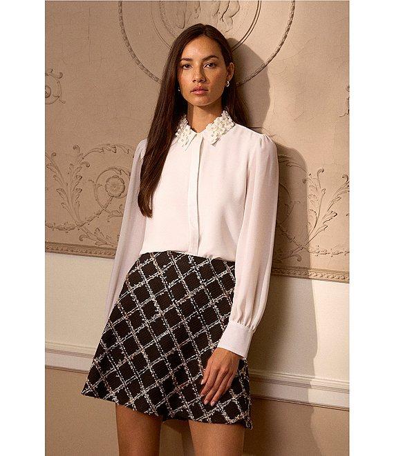 CeCe Georgette Floral 3D Applique Pointed Collar Long Sleeve Hidden Button Front Blouse Product Image