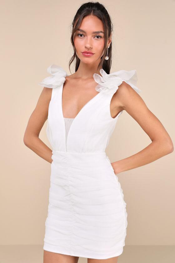 Peak Poise White Tulle Ruffled Bodycon Mini Dress Product Image