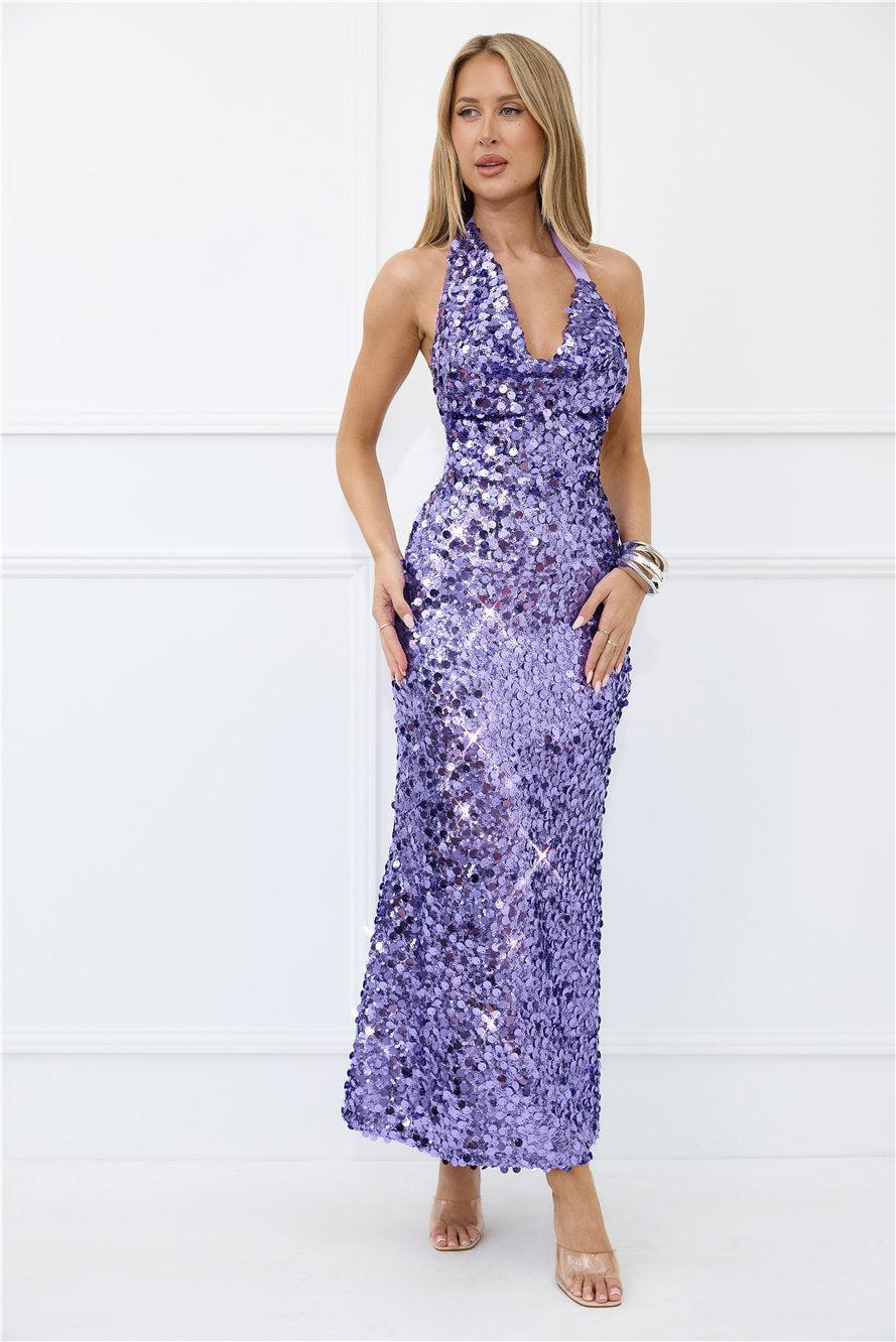 Shimmer Dreams Halter Sequin Maxi Dress Purple Product Image