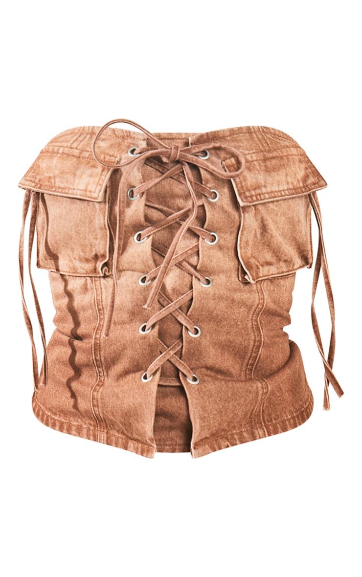 Brown Denim Lace Up Front Corset Top Product Image
