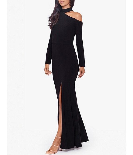 Xscape Stretch Asymmetrical Cut-Out Mock Neck Long Sleeve Gown Product Image