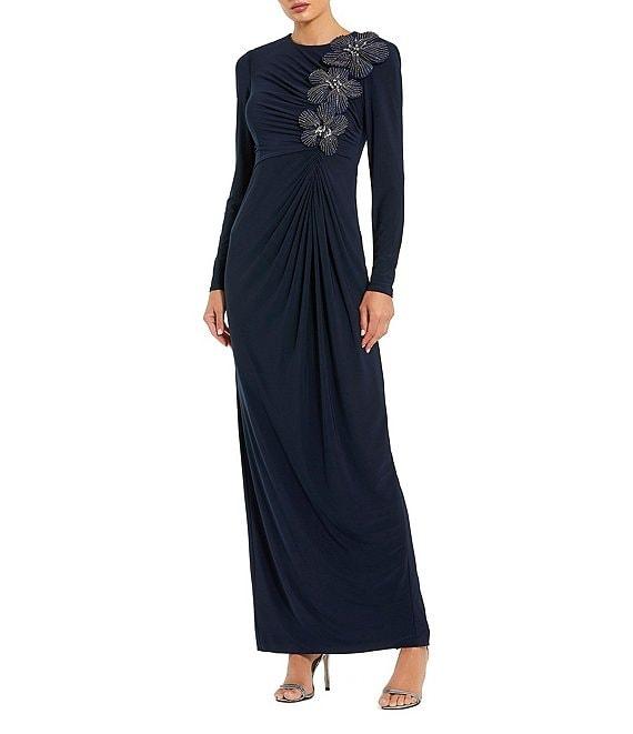 Mac Duggal Jersey High Neck Long Sleeves 3D Beaded Floral Shoulder Column Gown Product Image