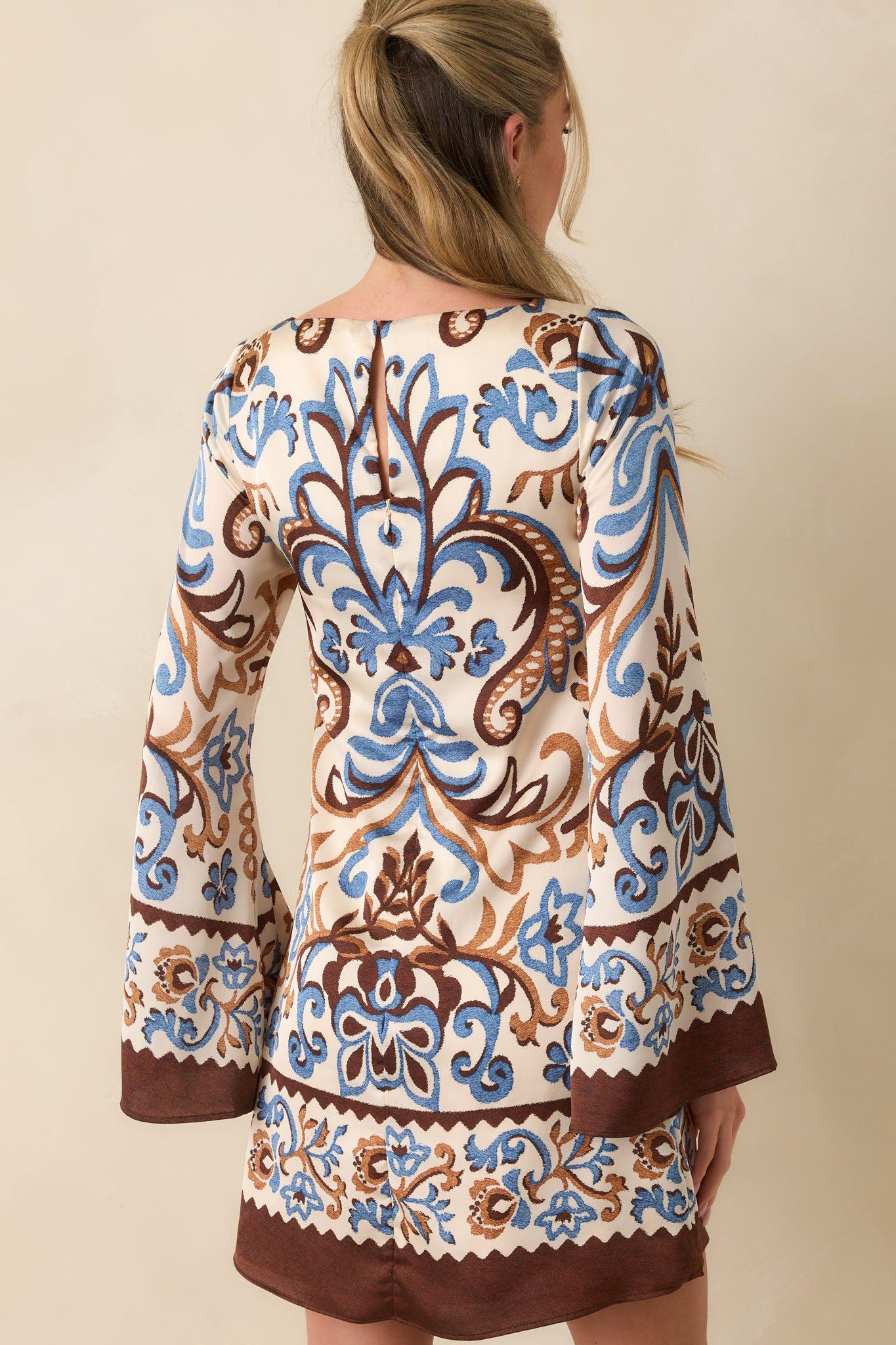 Don't Second Guess It Ivory Multi Print Satin Long Sleeve Mini Dress Product Image