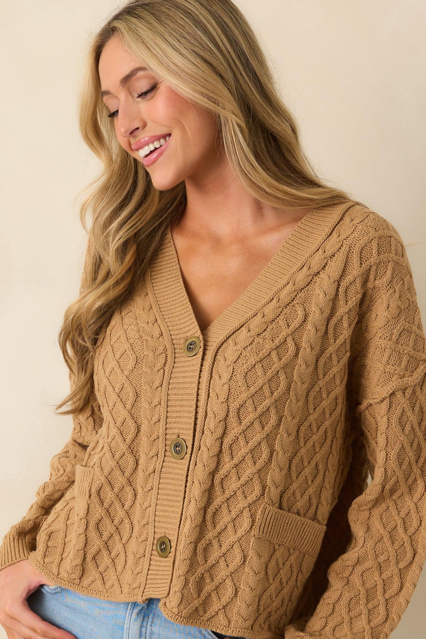 For Old Time’s Sake Camel Brown Cable Knit Button Up Cardigan L / Camel Product Image