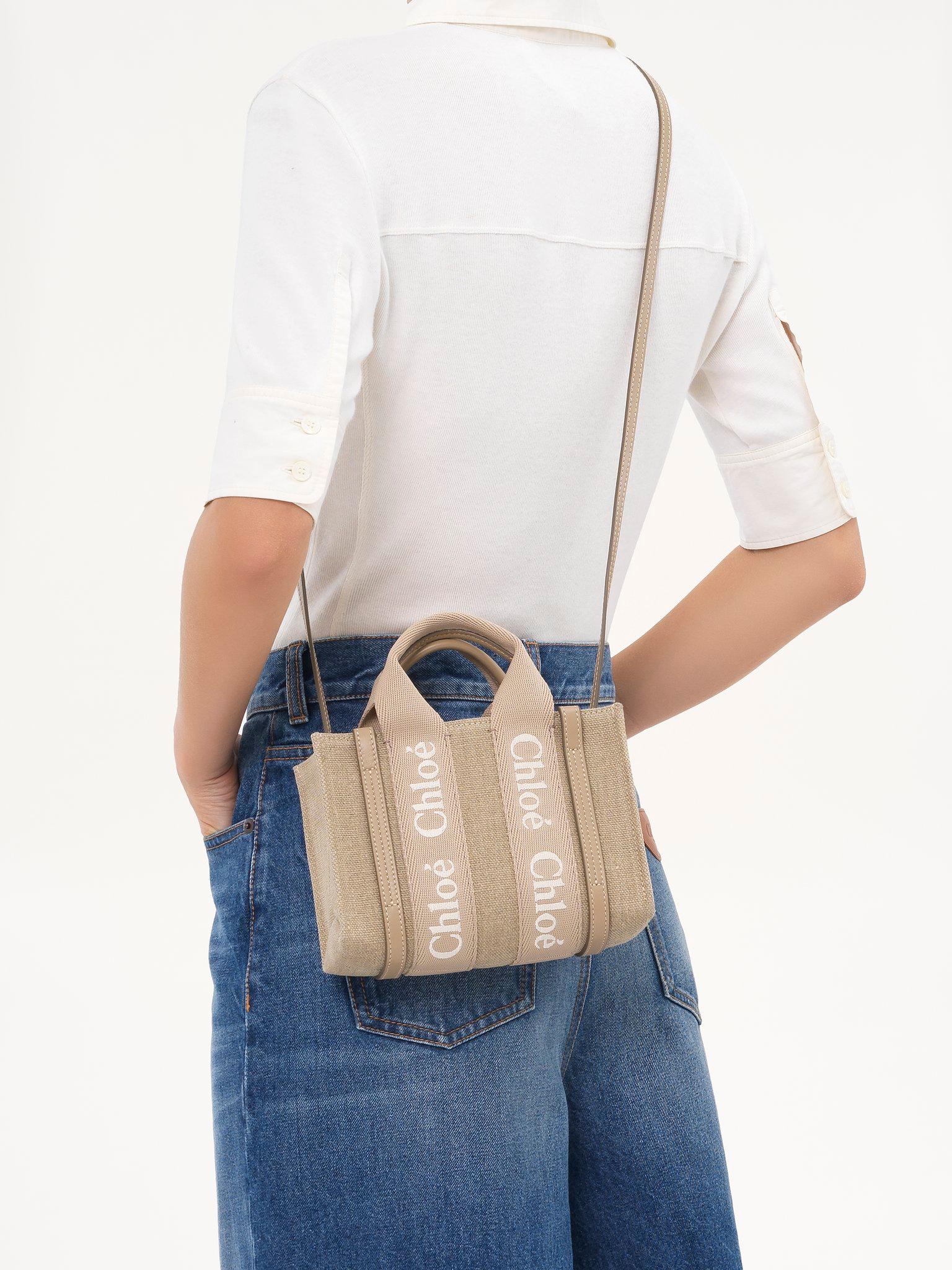 Mini Woody tote bag in linen & leather Product Image