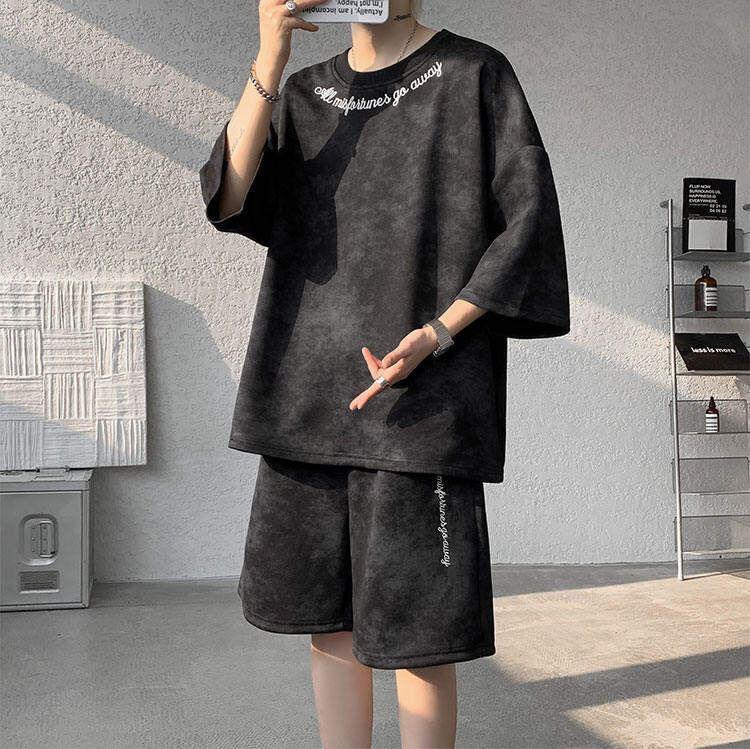 Set: Short Sleeve Round Neck Lettering Embroidered Tie Dye T-Shirt + Elastic Waist Sweat Shorts Product Image