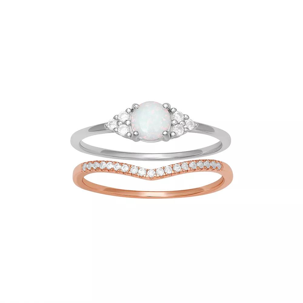 PRIMROSE Sterling Silver Opal & 18k Rose Gold Over Silver Cubic Zirconia V-Shaped Stackable Ring Duo Set, Women's, Rose Gold Over Sterlin Product Image