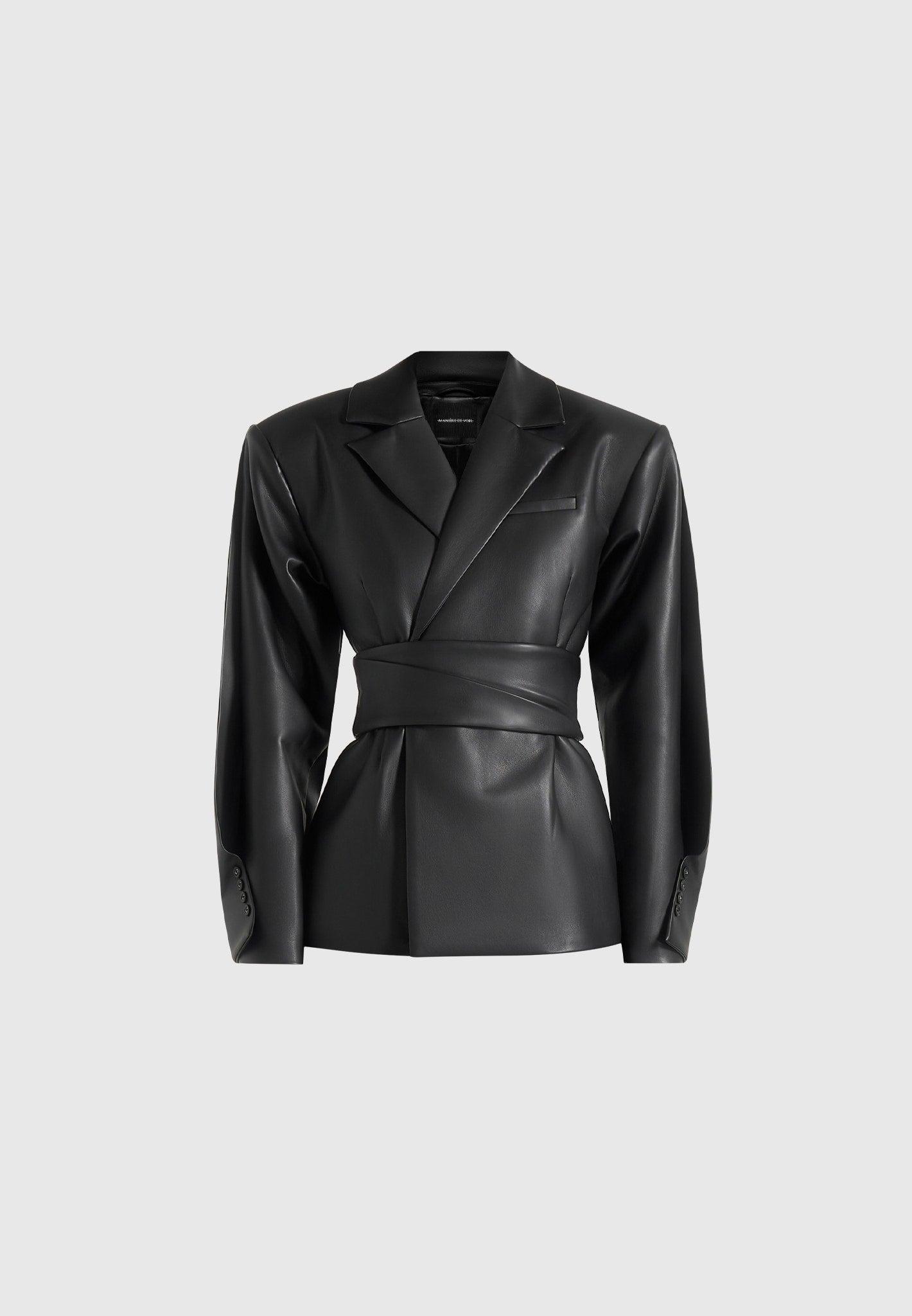 Marie - Twist Sleeve Leather Blazer with Belt - Black Female Product Image