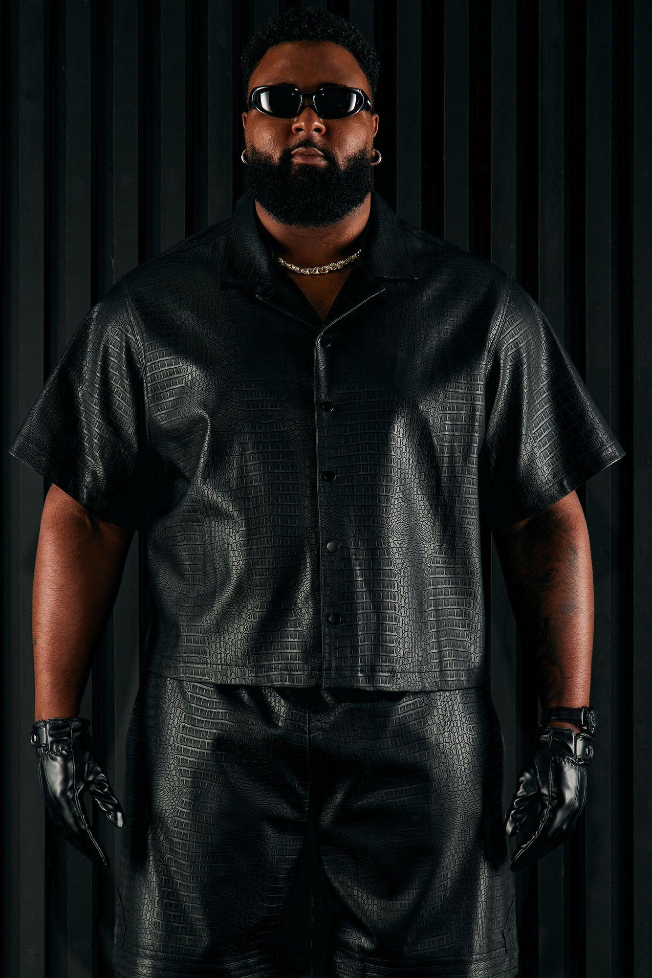 Gotta Run Faux Croc Leather Cropped Button Up Shirt - Black Product Image