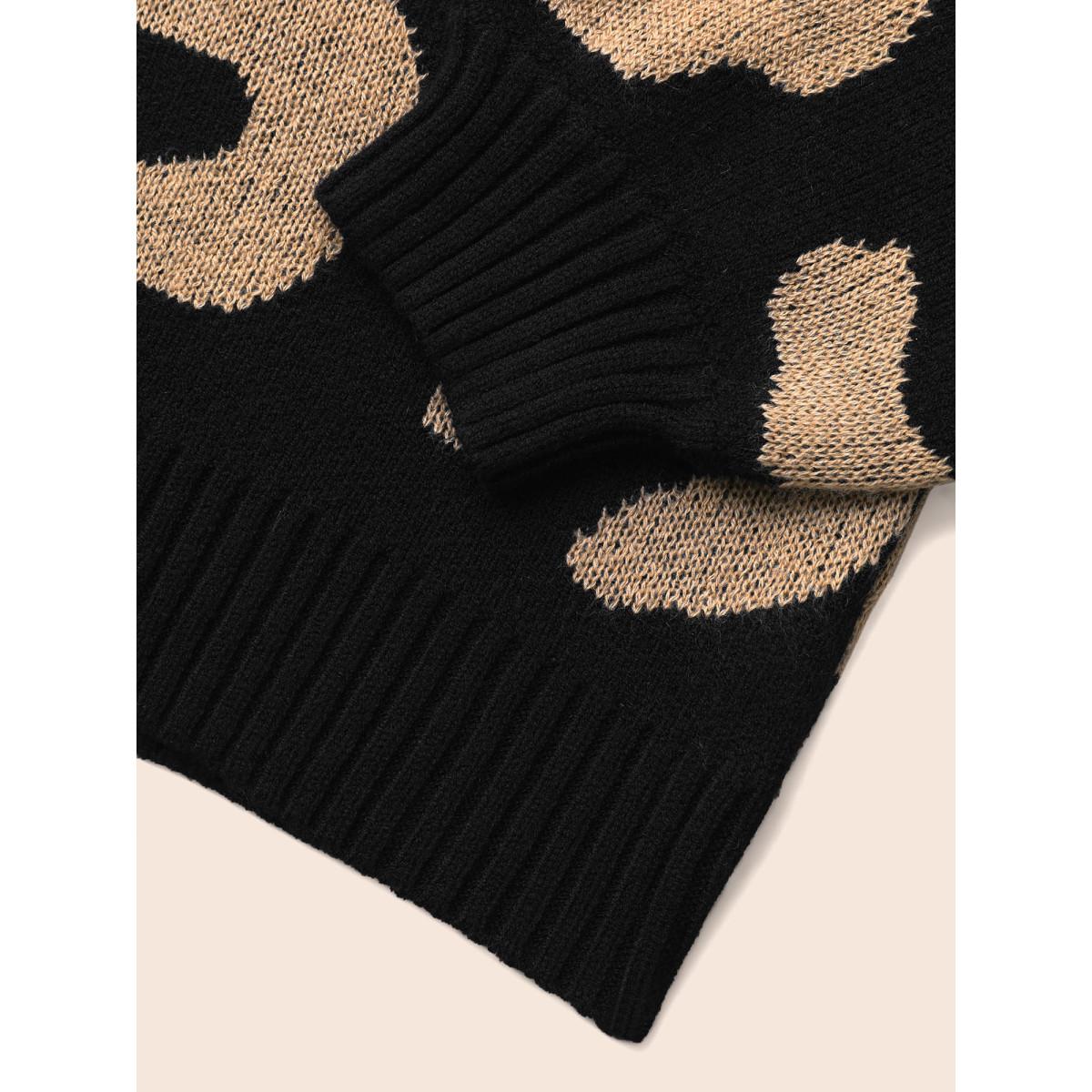 Plus Size Leopard Print Drop Shoulder Sleeve Pullover Black Women Leisure Loose Long Sleeve Round Neck Casual Pullovers BloomChic 22-24/3X Product Image