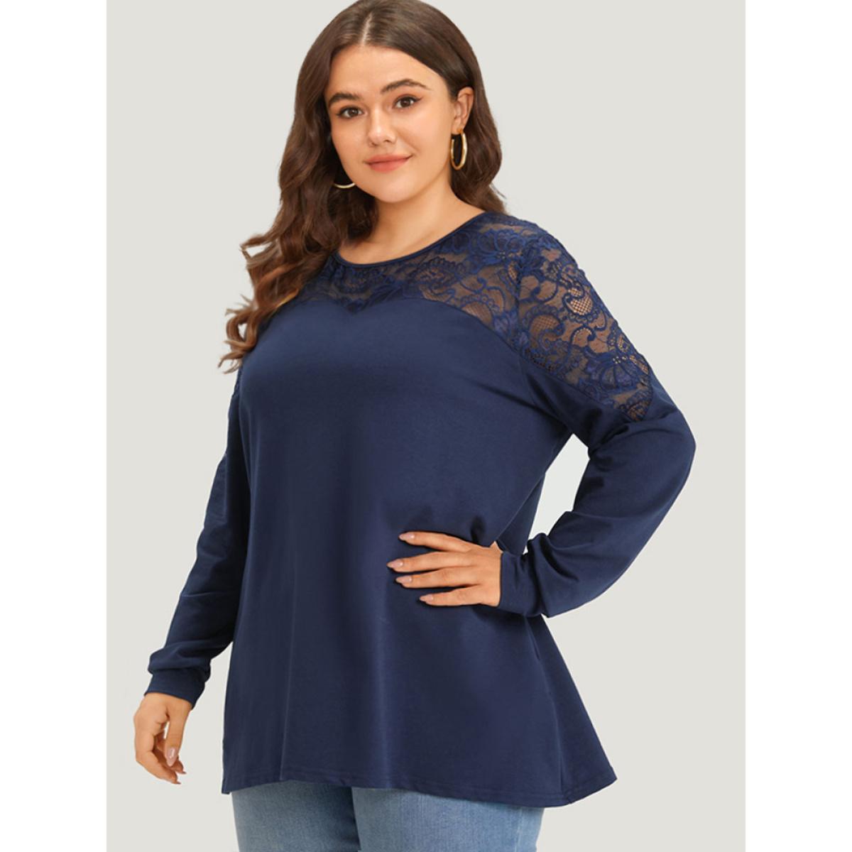 Plus Size Silhouette Floral Lace Mesh Patchwork Elastic Cuffs Sweatshirt Women Indigo Elegant Elastic cuffs Round Neck Dailywear Sweatshirts BloomChic 10/M Product Image