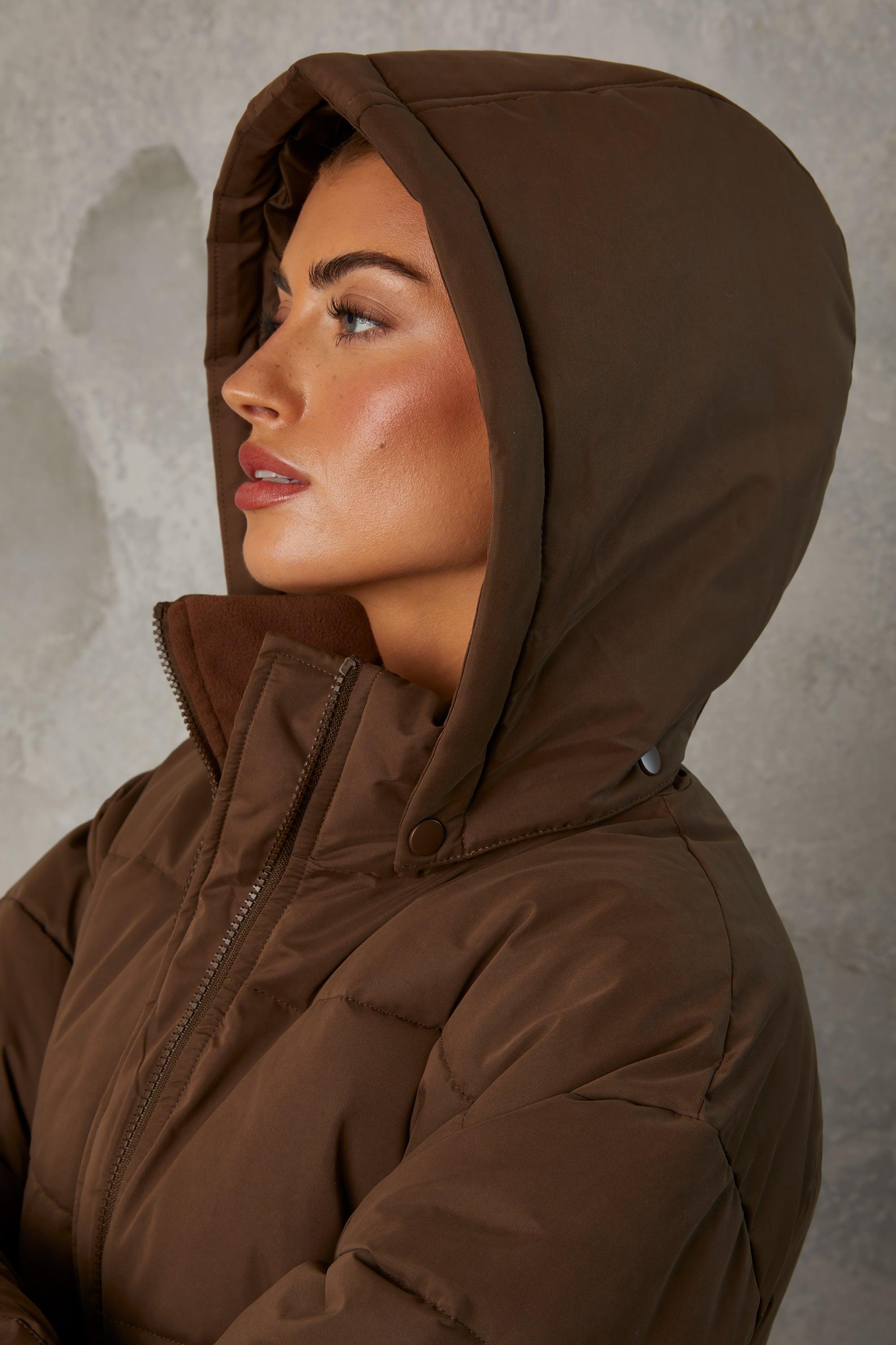 Mid Length Hooded Puffer Coat in Cocoa Brown Female Product Image