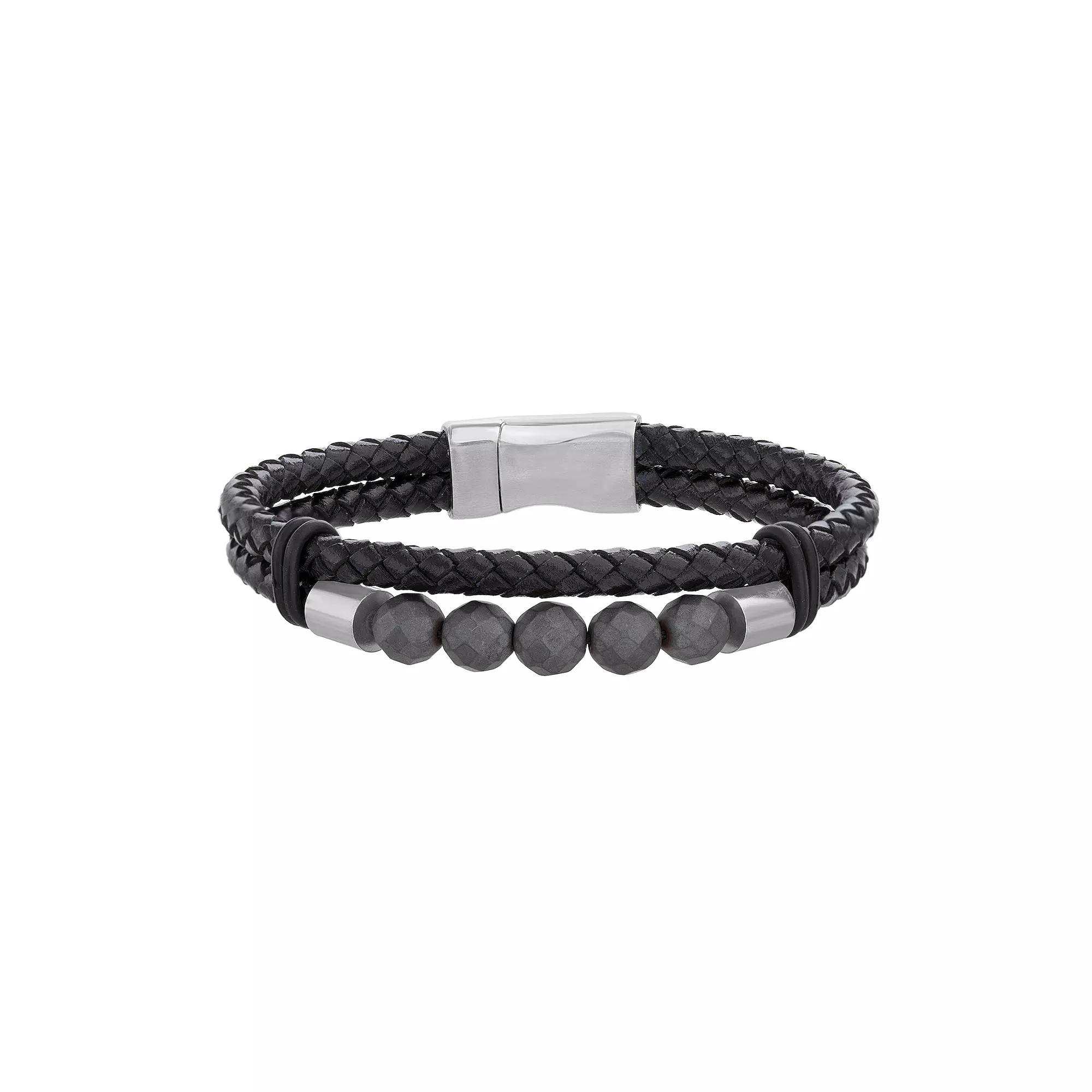 1913 Mens Vegan Leather Synthetic Hematite Bead Bracelet with Stainless Steel Clasp Product Image