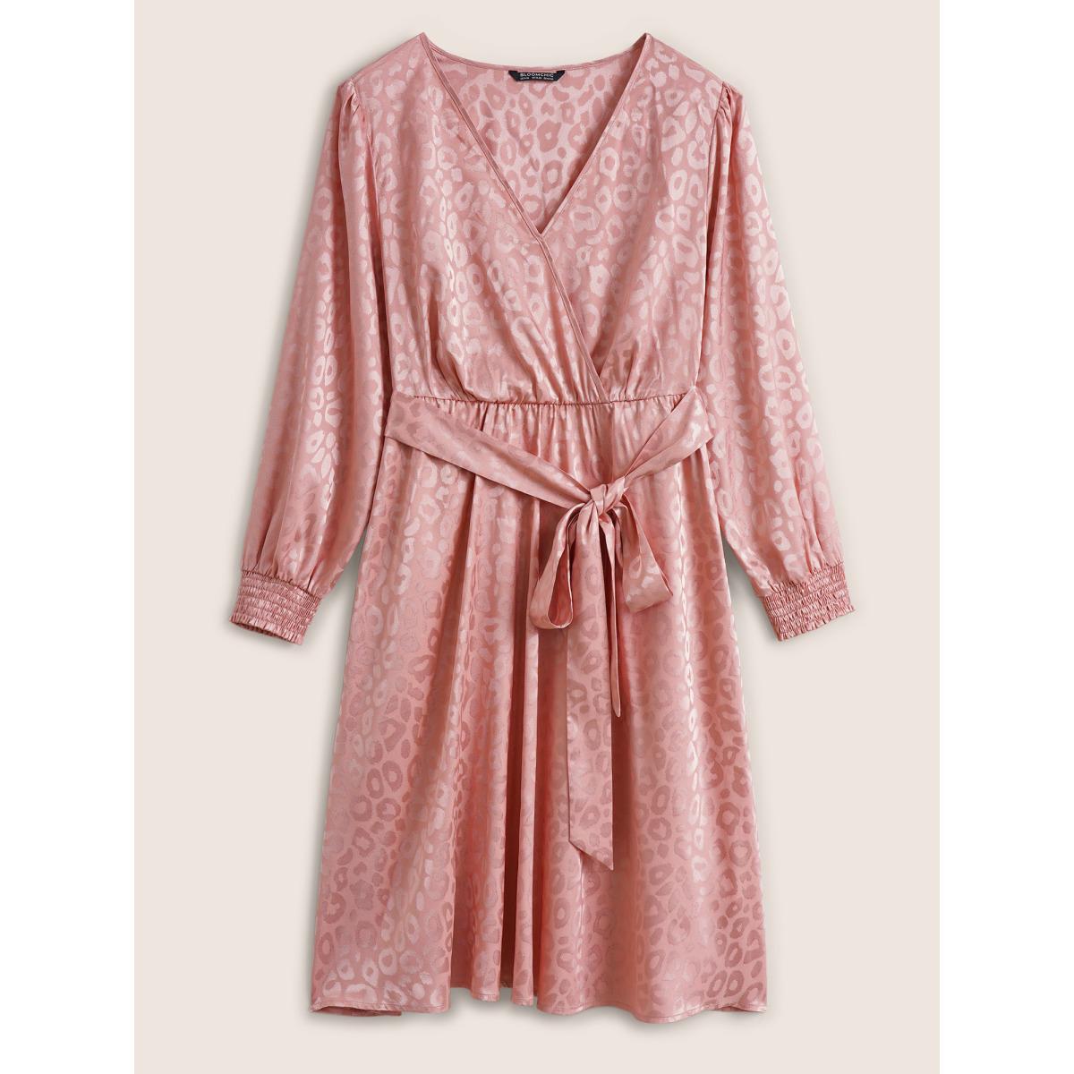 Plus Size Leopard Shirred Wrap Belted Gathered Dress Crepe Women Elegant Wrap Overlap Collar Long Sleeve Curvy Midi Dress BloomChic 30/6X Product Image
