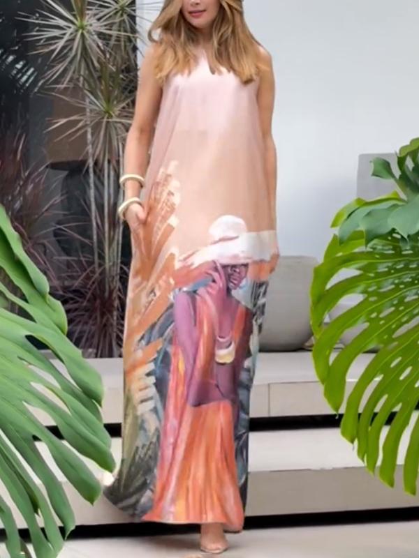 Loose Sleeveless Figure Pockets V-Neck Maxi Dresses Product Image