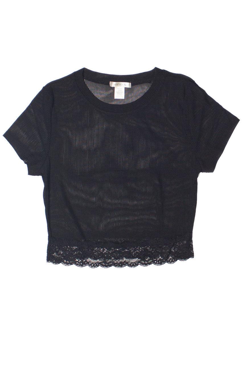 Lace Trim Ribbed Mesh Crop Tee Product Image