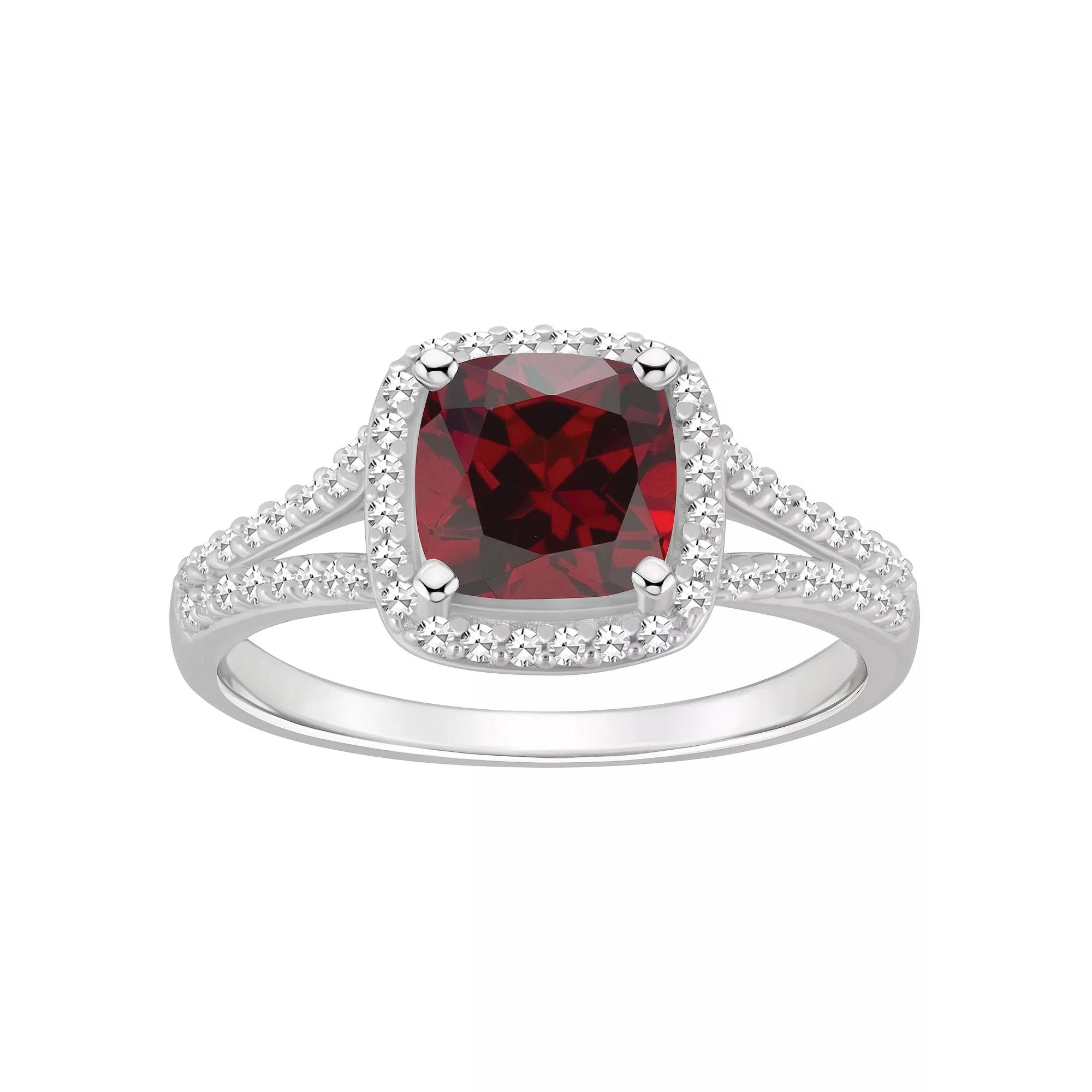 Celebration Gems Sterling Silver 7 mm Cushion Gemstone & 1/4 Carat T.W. Diamond Split Shank Ring, Women's, Size: 5, Red Product Image