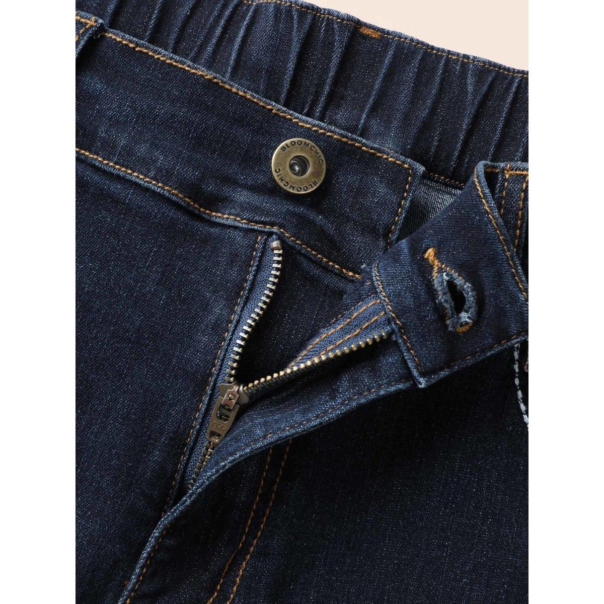Plus Size Stretch Denim Front Embroided Pockets Flare Jeans Women Darkindigo Casual Embroidered Medium stretch Slanted pocket Jeans BloomChic 10/M Product Image