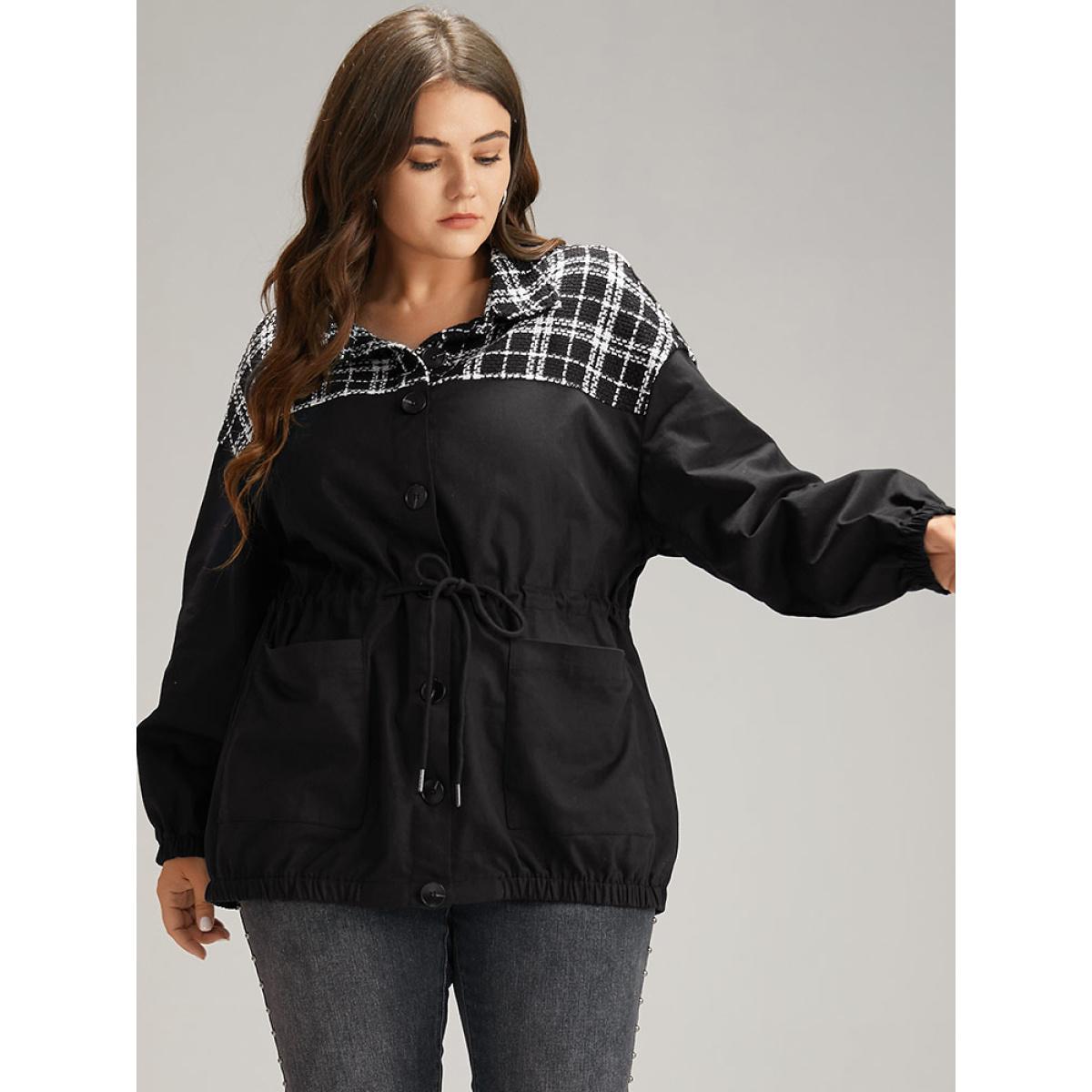 Plus Size Plaid Patchwork Contrast Drawstring Button Up Jacket Women Black Elastic cuffs Pocket Dailywear Jackets BloomChic 18-20/2X Product Image