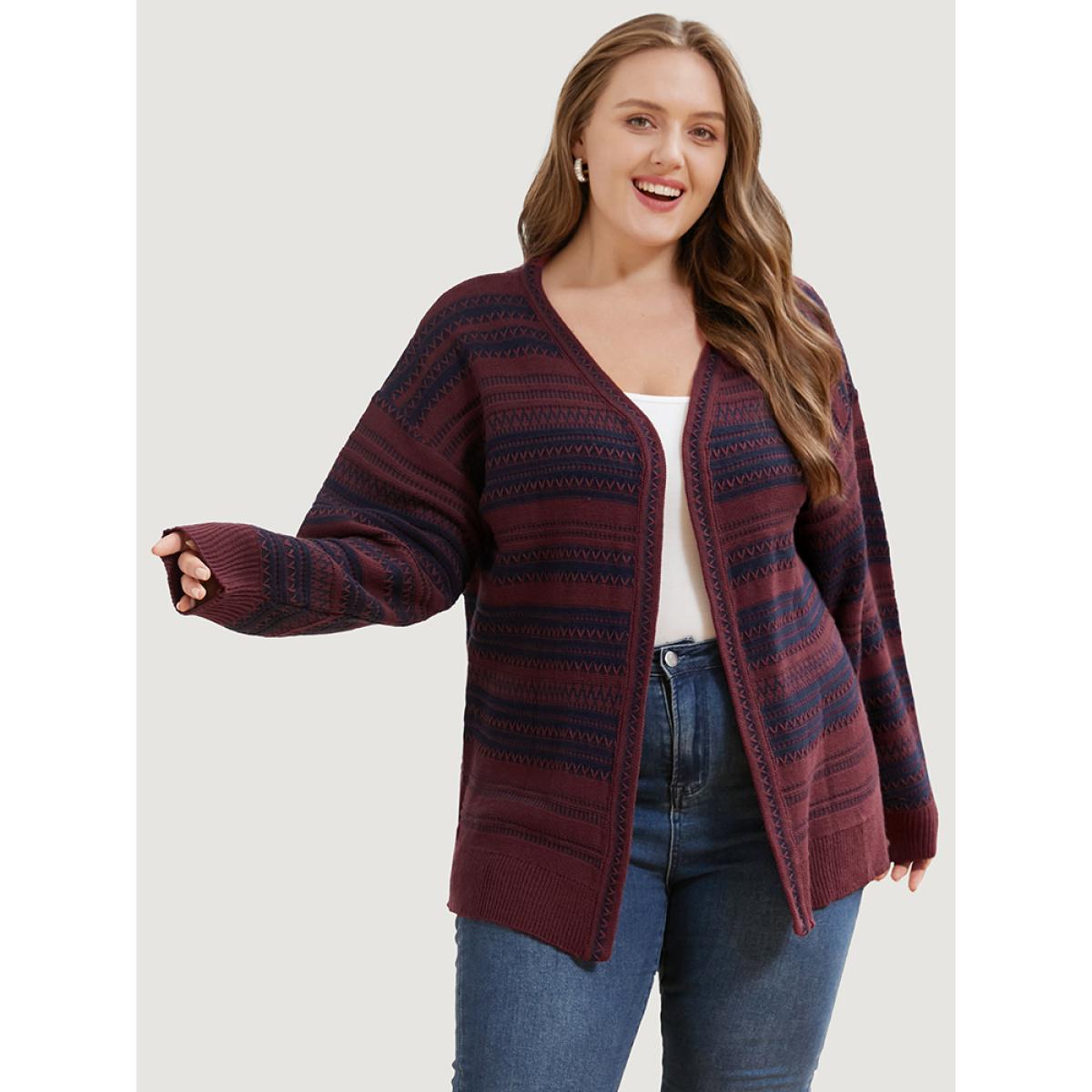 Plus Size Striped Contrast Pointelle Knit Open Front Loose Cardigan Scarlet Women Casual Loose Long Sleeve Office Cardigans BloomChic 14-16/1X Product Image