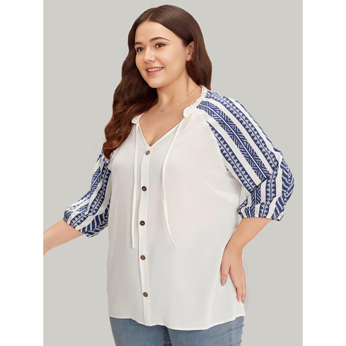 Plus Size DarkBlue Boho Print Tie Neck Patchwork Lantern Sleeve Blouse Women Vacation Elbow-length sleeve Tie Neck Dailywear Blouses BloomChic 10/M Product Image