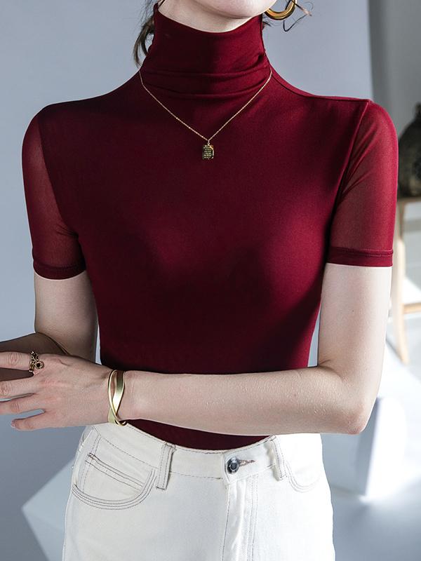 Half Sleeves Skinny Solid Color High Neck T-Shirts Tops Product Image