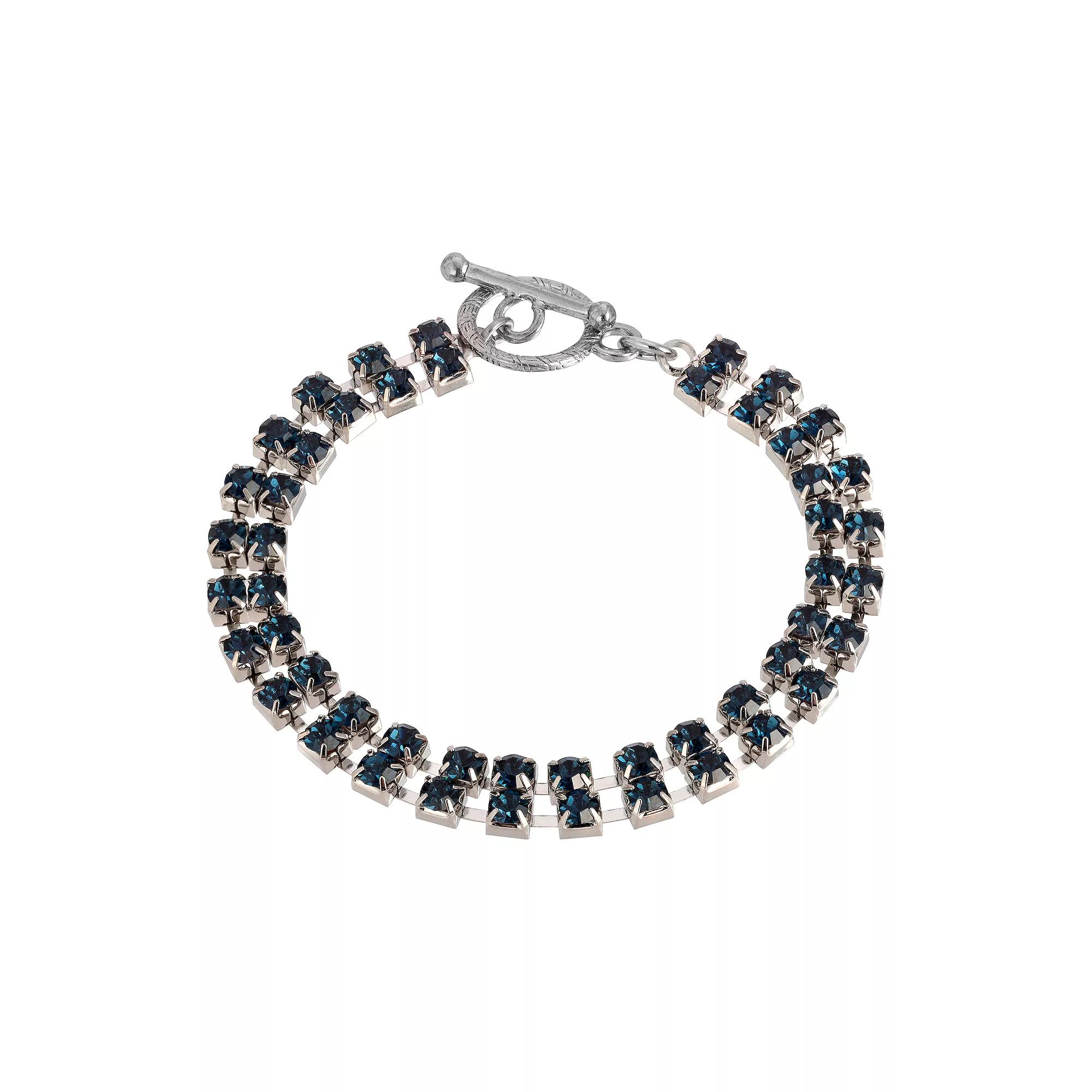 1928 Silver Tone Dark Blue 2 Row Rhinestone Toggle Bracelet, Women's Product Image