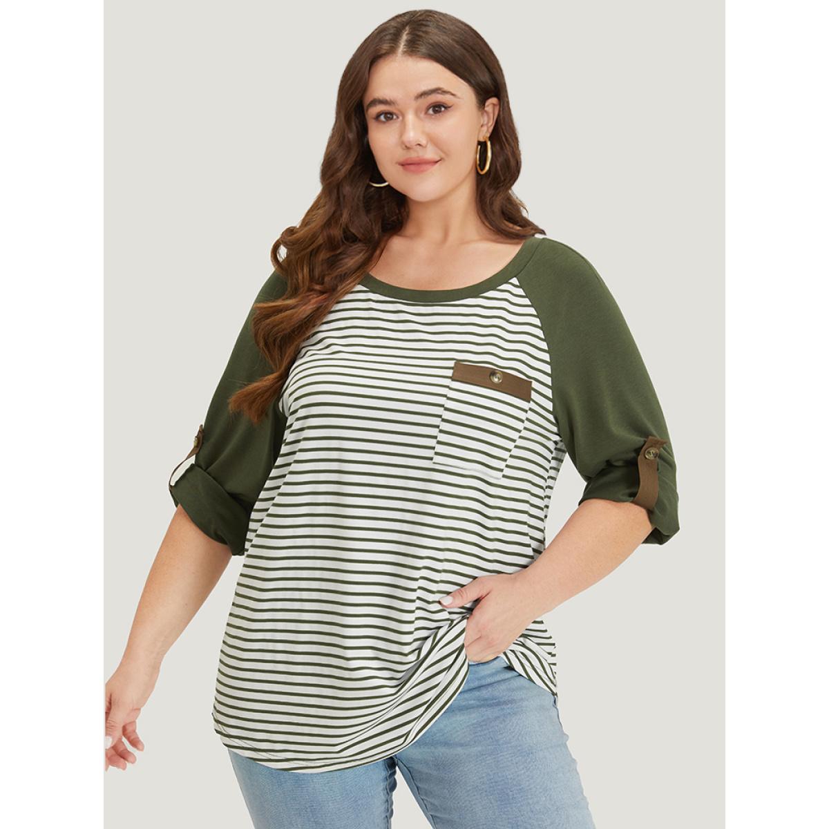 Plus Size Striped Patchwork Patched Pocket Raglan Sleeve T-shirt ArmyGreen Women Casual Contrast Striped Round Neck Dailywear T-shirts BloomChic 10/M Product Image