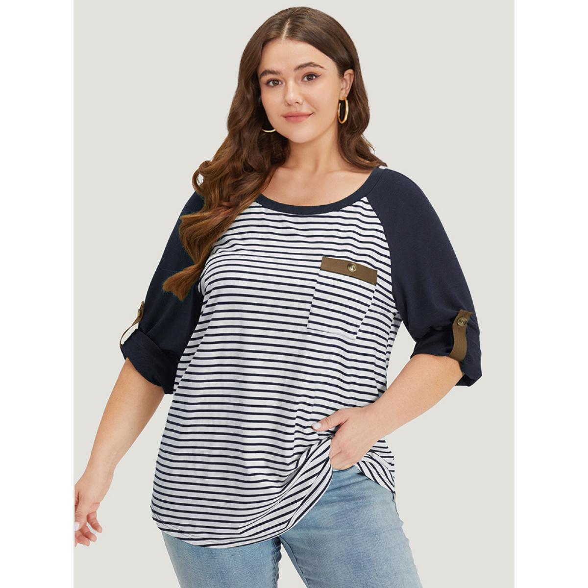 Plus Size Striped Patchwork Patched Pocket Raglan Sleeve T-shirt DarkBlue Women Casual Contrast Striped Round Neck Dailywear T-shirts BloomChic 18-20/2X Product Image