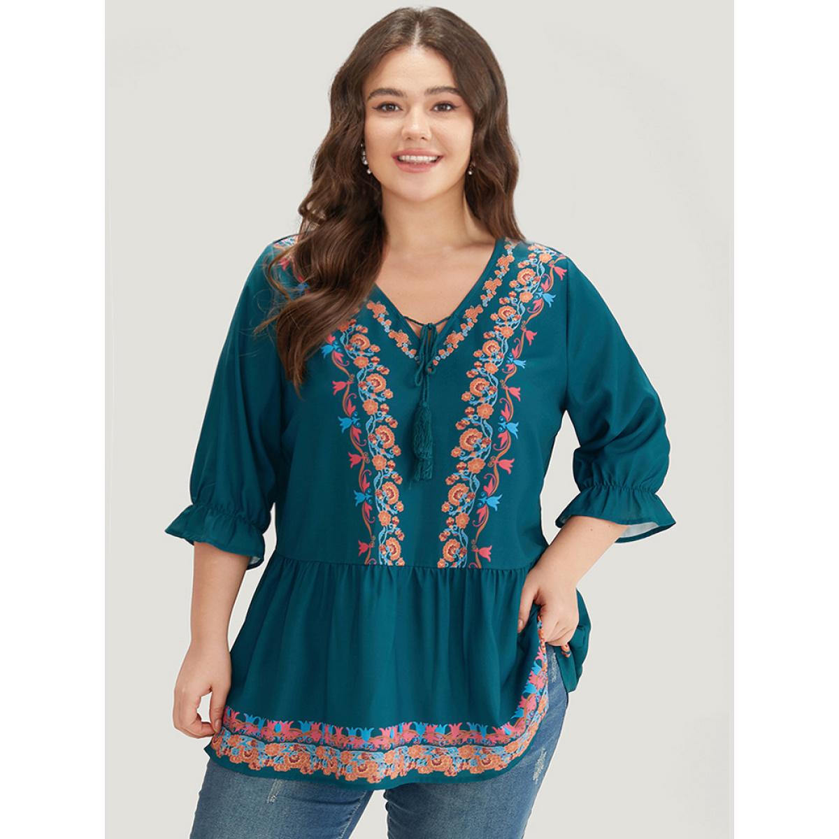 Plus Size Aegean Bandana Print Ties Flutter Trim Gathered Blouse Women Vacation Half Sleeve V-neck Dailywear Blouses BloomChic 28/5X Product Image