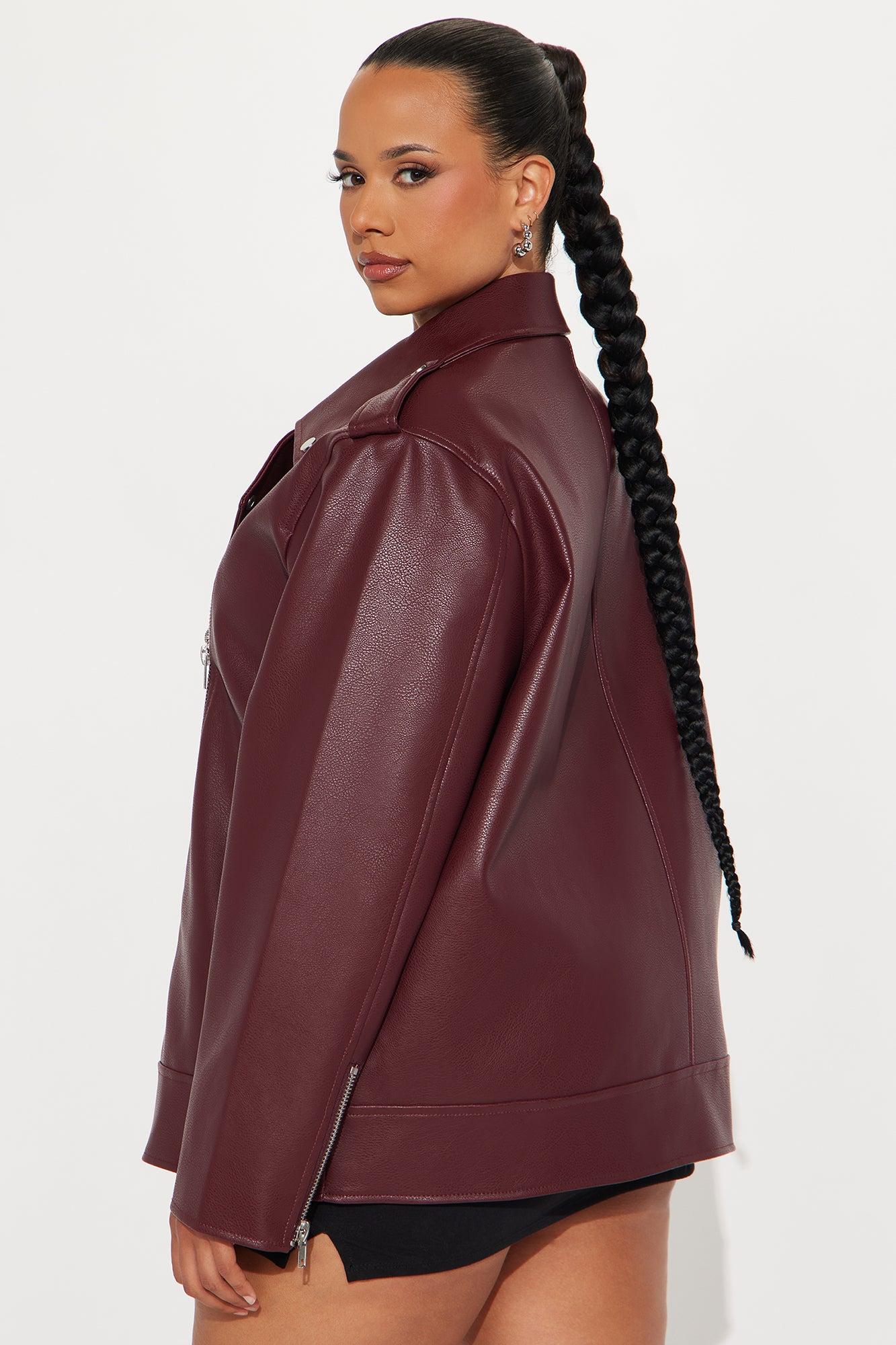 Phoebe Oversized Faux Leather Moto Jacket - Burgundy Female Product Image