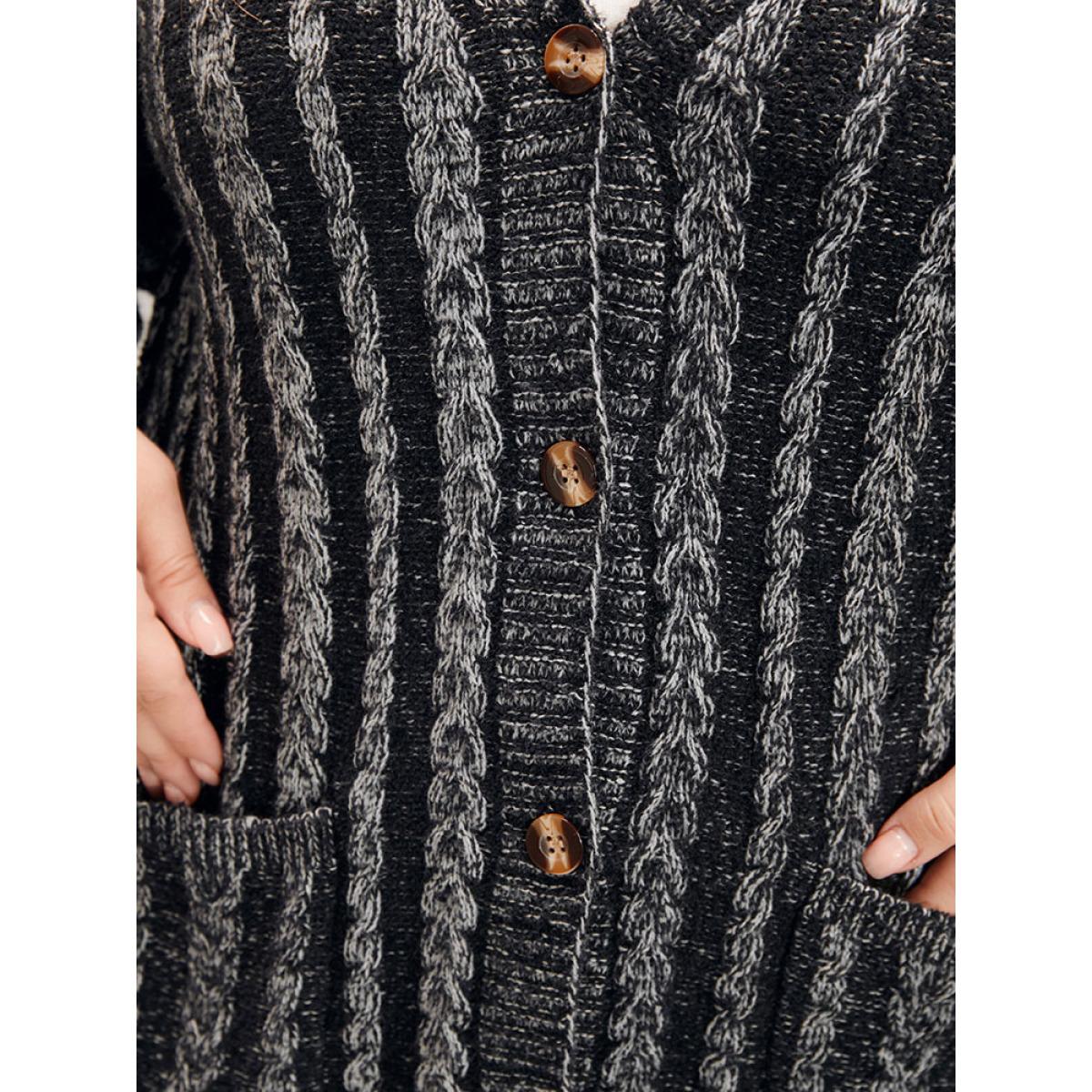 Plus Size Striped Contrast Pointelle Knit Pocket Button Front Heather Cardigan DimGray Women Casual Loose Long Sleeve Everyday Cardigans BloomChic 14-16/1X Product Image