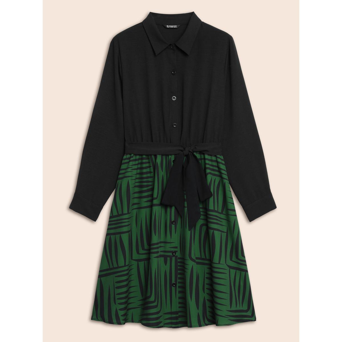 Plus Size Geometric Patchwork Button Up Belted Dress Black Women At the Office Belted Shirt collar Long Sleeve Curvy BloomChic 14-16/1X Product Image