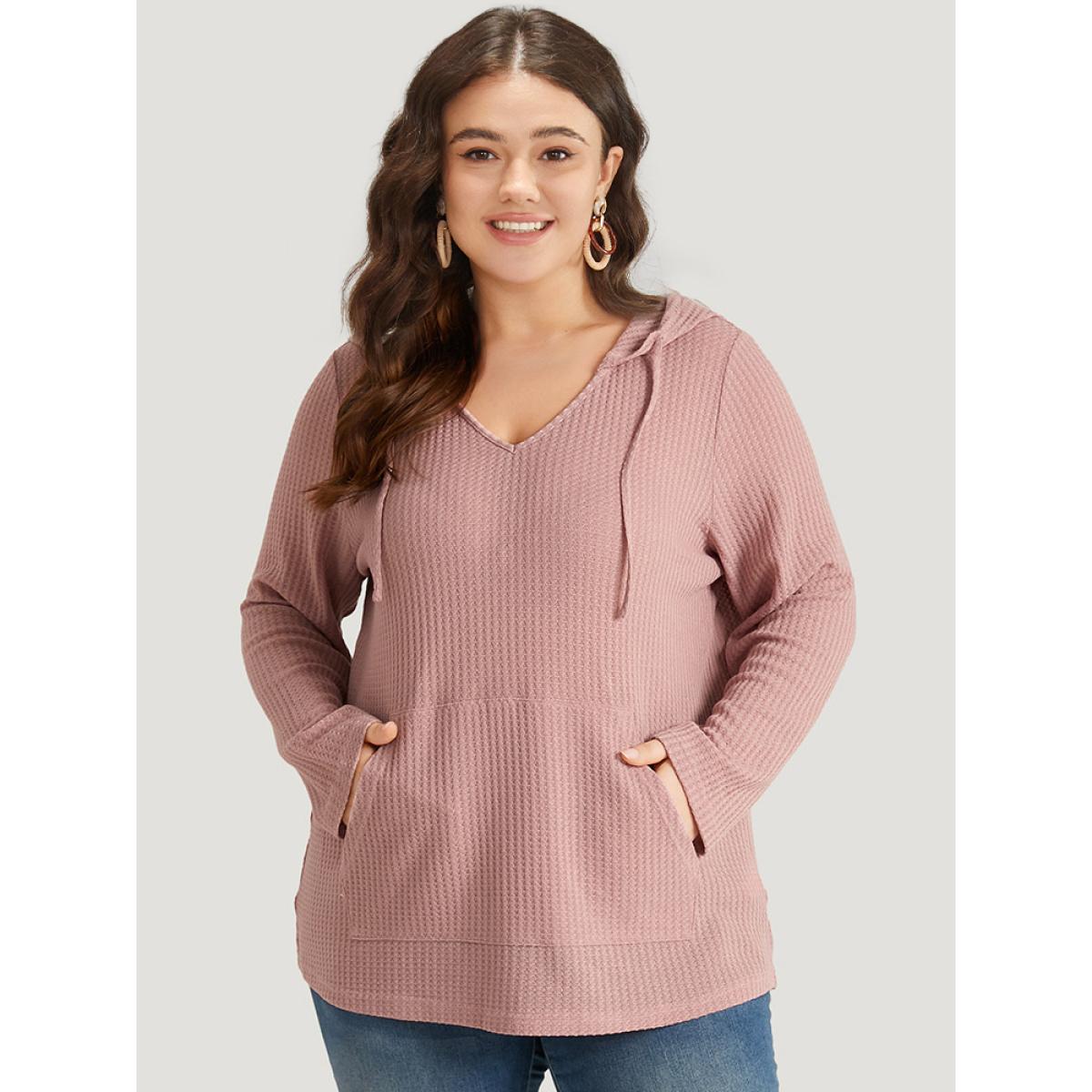 Plus Size Plain Waffle Knit Pocket Drawstring Hooded Sweatshirt Women Pink Casual Plain Hooded Dailywear Sweatshirts BloomChic 14-16/1X Product Image