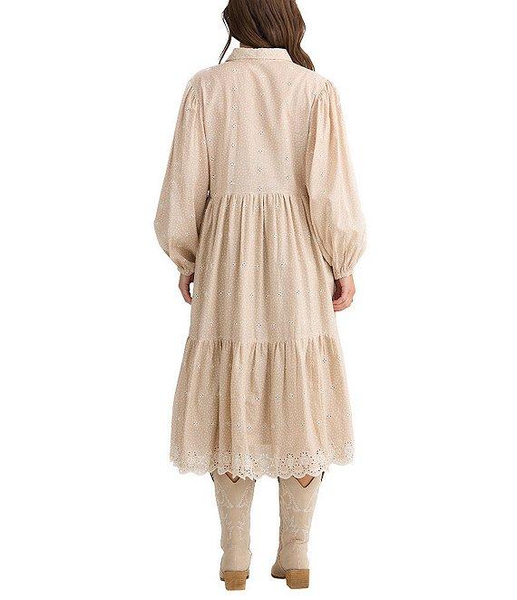 Talisman Garden Party Embroidered Eyelet Shirt Collar Long Sleeve Blouson Midi Dress Product Image