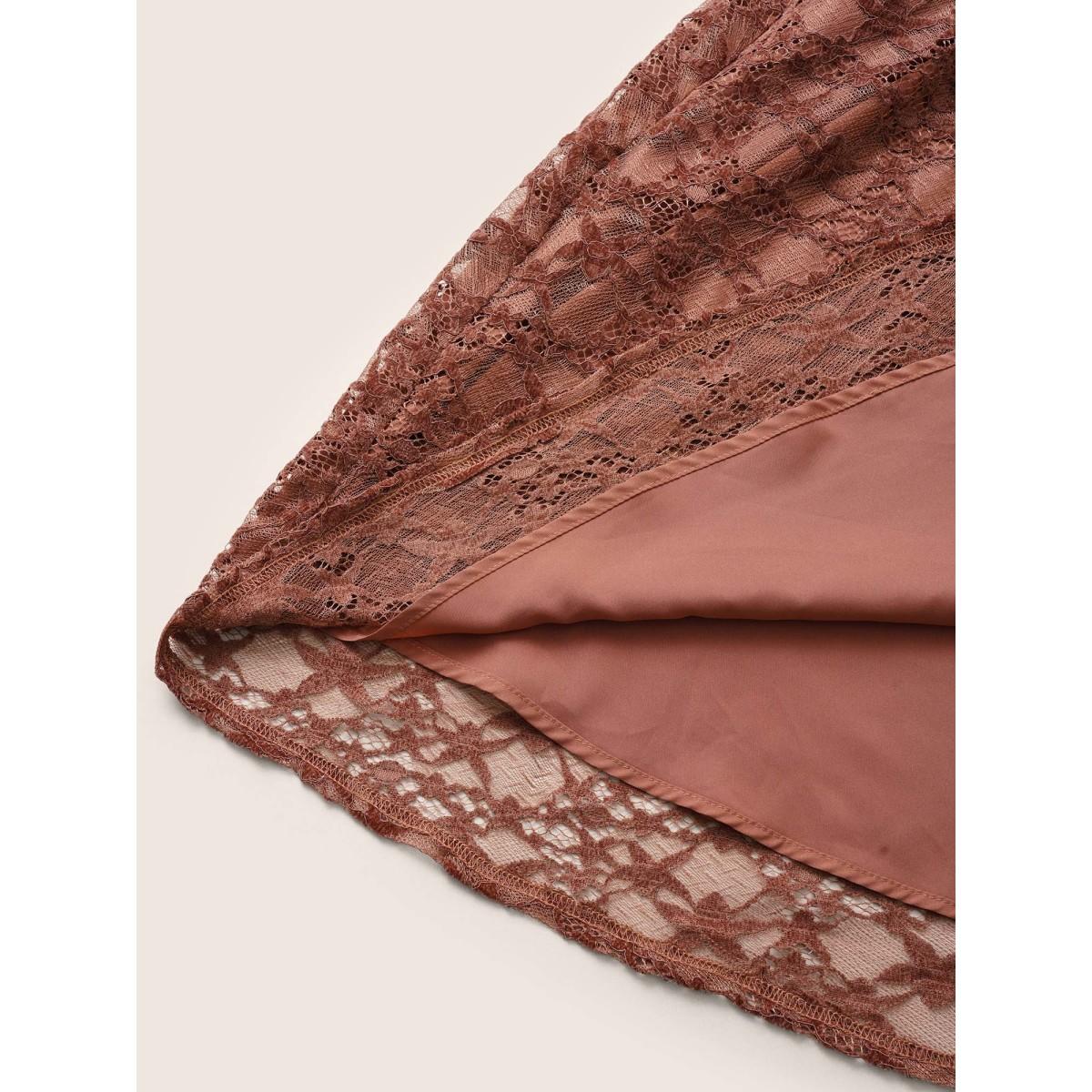 Plus Size Crochet Lace Mesh Tiered Ruffle Trim Dress Burgundy Women Elegant Texture V-neck Sleeveless Curvy Midi Dress BloomChic 14-16/1X Product Image