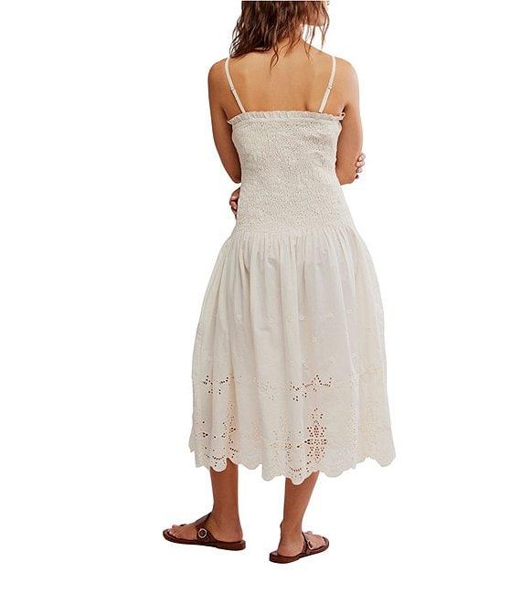 Free People Daphne Embroidered Floral Applique Square Neck Sleeveless Smocked Drop Waist Midi Dress Product Image