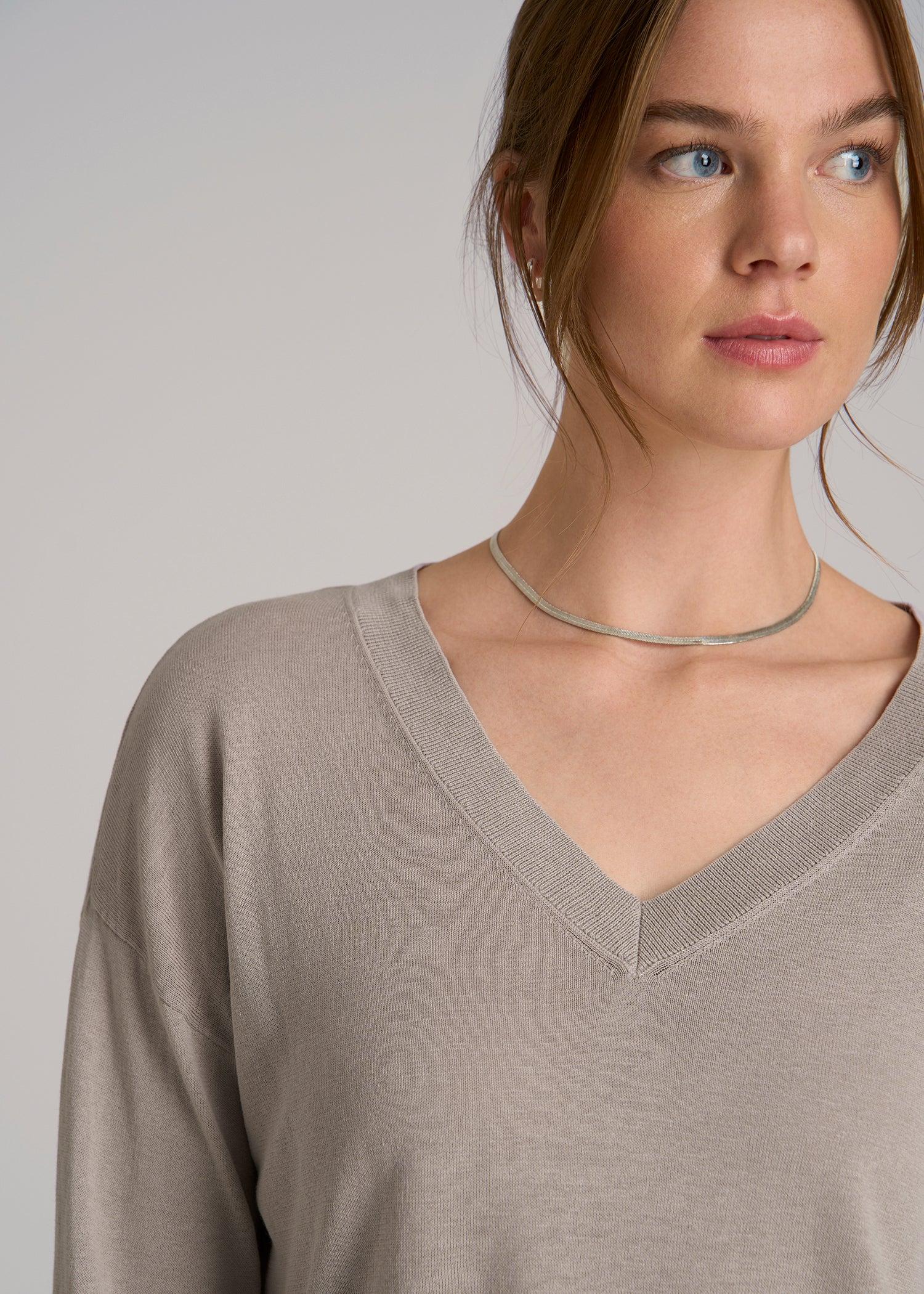 Linen Blend Split Hem V-Neck Sweater for Tall Women in Atmosphere Female Product Image