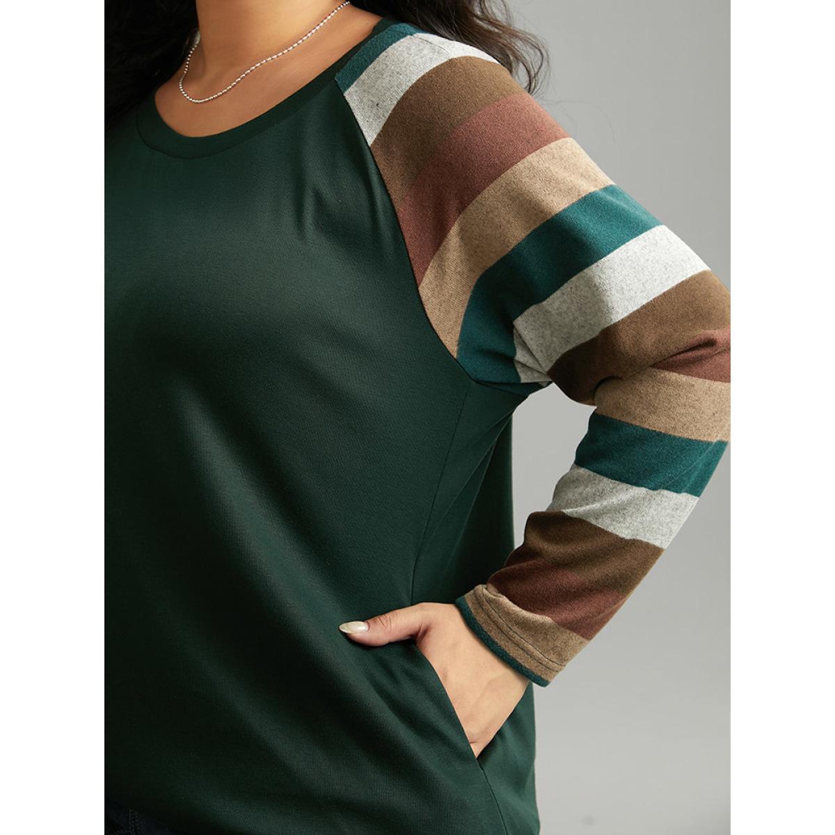 Plus Size Striped Colorblock Contrast Pocket Raglan Sleeve T-shirt DarkGreen Women Elegant Contrast Striped Round Neck Dailywear T-shirts BloomChic 10/M Product Image