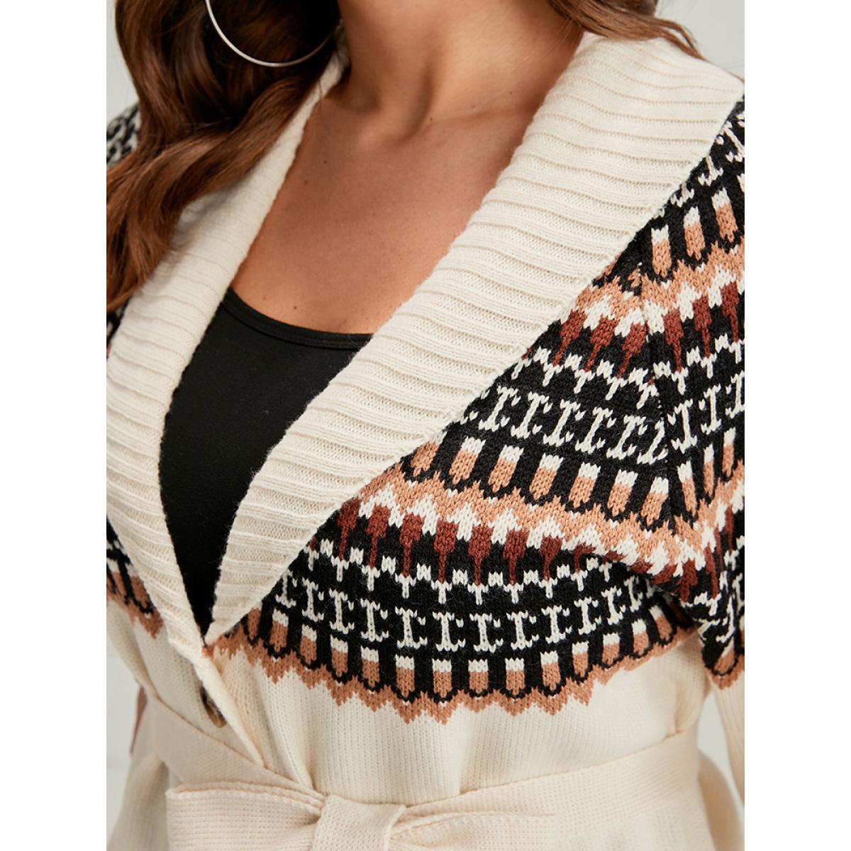 Plus Size Fair Isle Pointelle Knit Belted Jacquard Button Front Cardigan Multicolor Women Casual Loose Long Sleeve Dailywear Cardigans BloomChic 22-24/3X Product Image